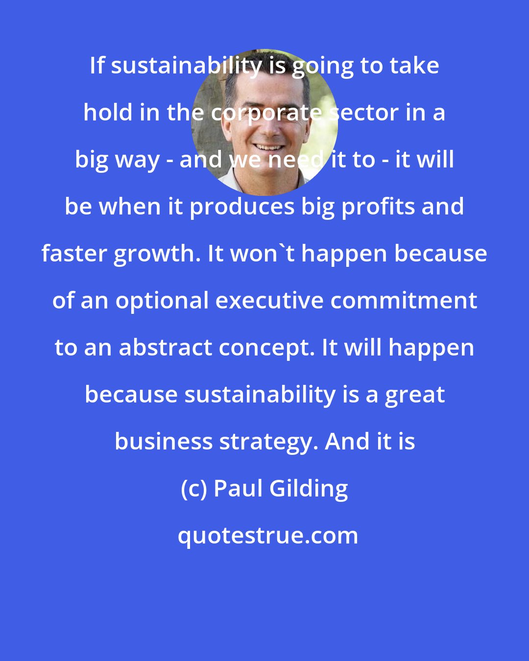 Paul Gilding: If sustainability is going to take hold in the corporate sector in a big way - and we need it to - it will be when it produces big profits and faster growth. It won't happen because of an optional executive commitment to an abstract concept. It will happen because sustainability is a great business strategy. And it is