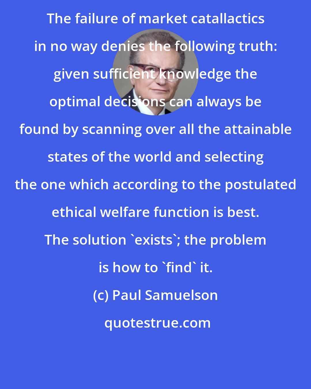 Paul Samuelson: The failure of market catallactics in no way denies the following truth: given sufficient knowledge the optimal decisions can always be found by scanning over all the attainable states of the world and selecting the one which according to the postulated ethical welfare function is best. The solution 'exists'; the problem is how to 'find' it.