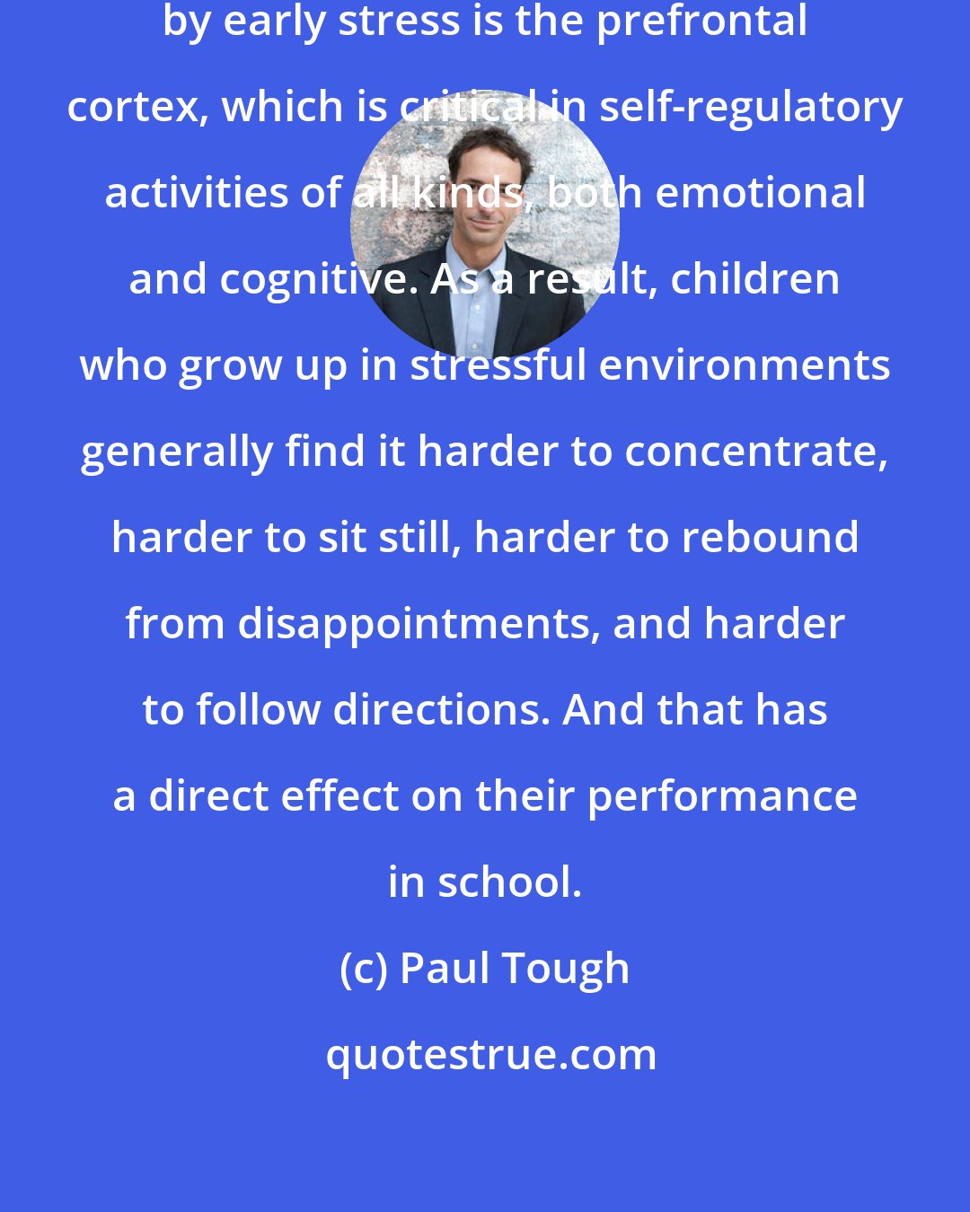 Paul Tough: The part of the brain most affected by early stress is the prefrontal cortex, which is critical in self-regulatory activities of all kinds, both emotional and cognitive. As a result, children who grow up in stressful environments generally find it harder to concentrate, harder to sit still, harder to rebound from disappointments, and harder to follow directions. And that has a direct effect on their performance in school.