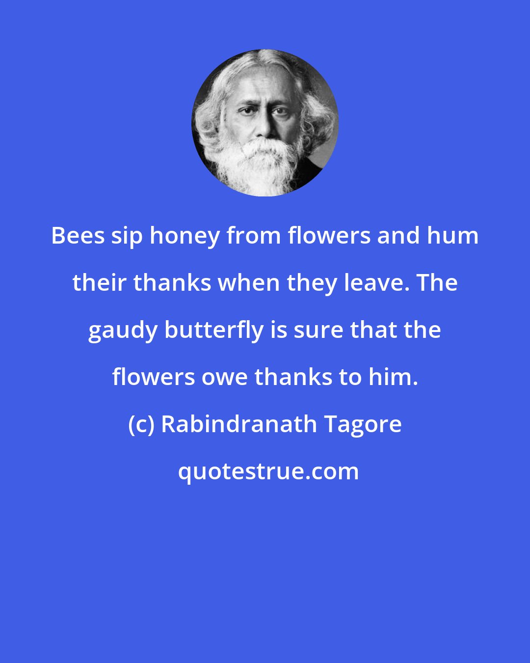 Rabindranath Tagore: Bees sip honey from flowers and hum their thanks when they leave. The gaudy butterfly is sure that the flowers owe thanks to him.