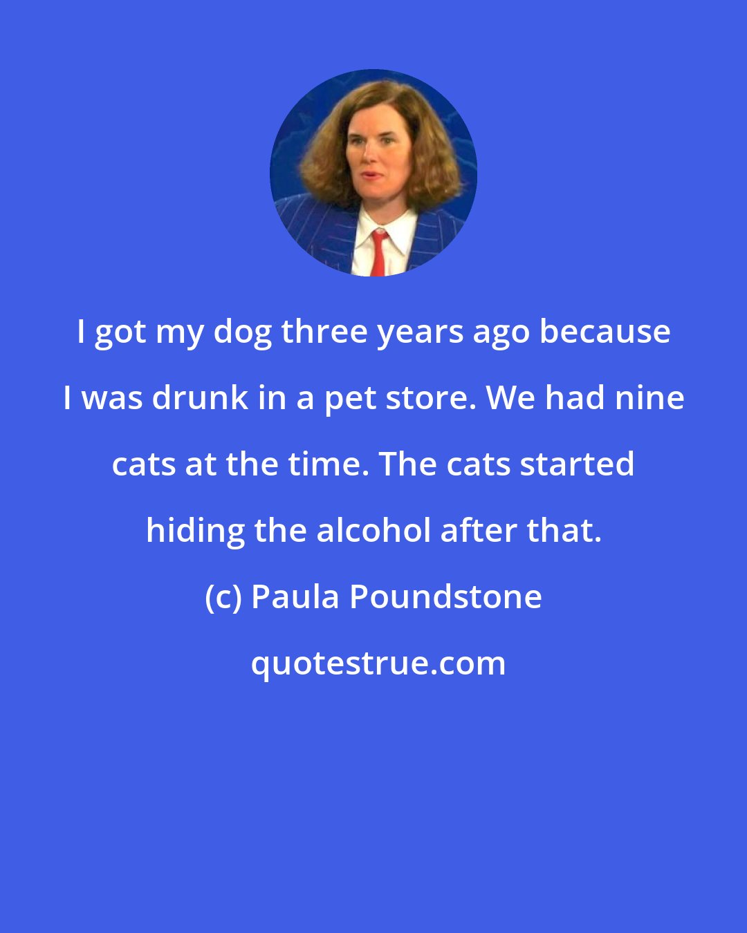 Paula Poundstone: I got my dog three years ago because I was drunk in a pet store. We had nine cats at the time. The cats started hiding the alcohol after that.