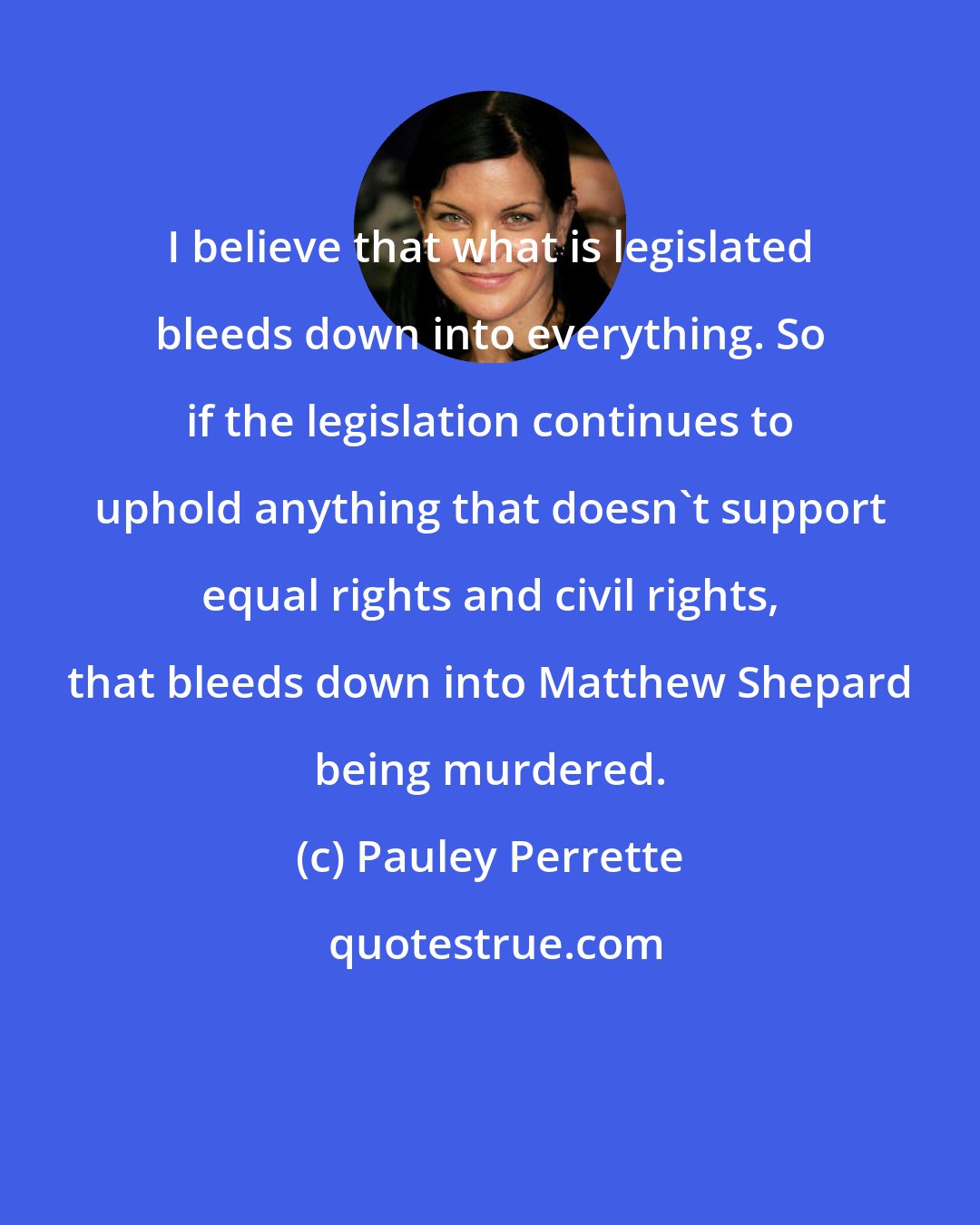 Pauley Perrette: I believe that what is legislated bleeds down into everything. So if the legislation continues to uphold anything that doesn't support equal rights and civil rights, that bleeds down into Matthew Shepard being murdered.