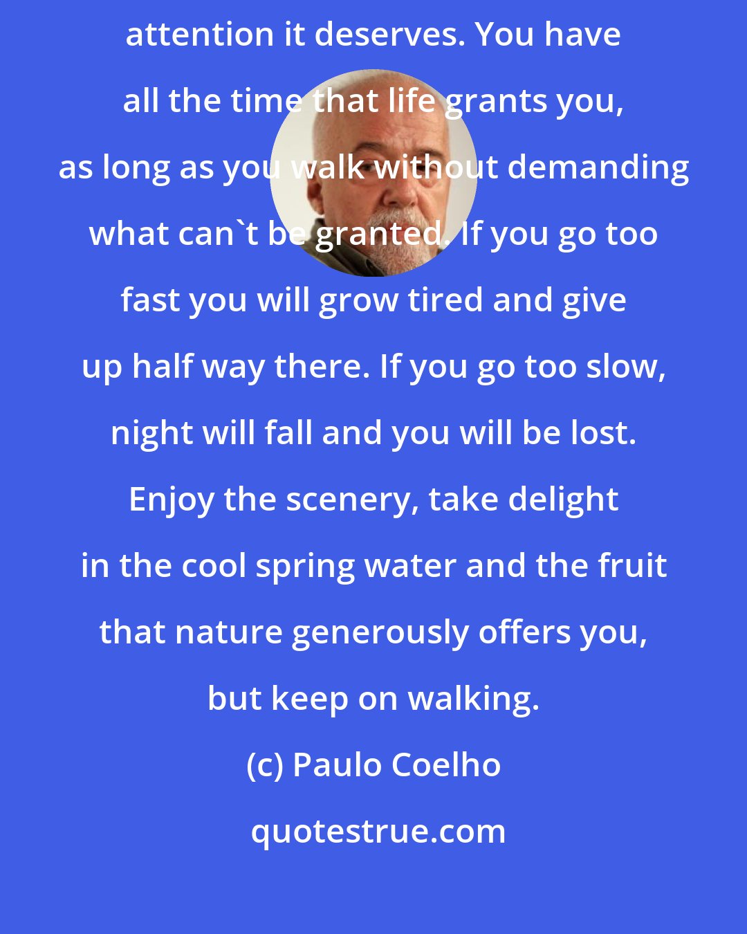Paulo Coelho: Respect your body: you can only climb a mountain if you give your body the attention it deserves. You have all the time that life grants you, as long as you walk without demanding what can't be granted. If you go too fast you will grow tired and give up half way there. If you go too slow, night will fall and you will be lost. Enjoy the scenery, take delight in the cool spring water and the fruit that nature generously offers you, but keep on walking.