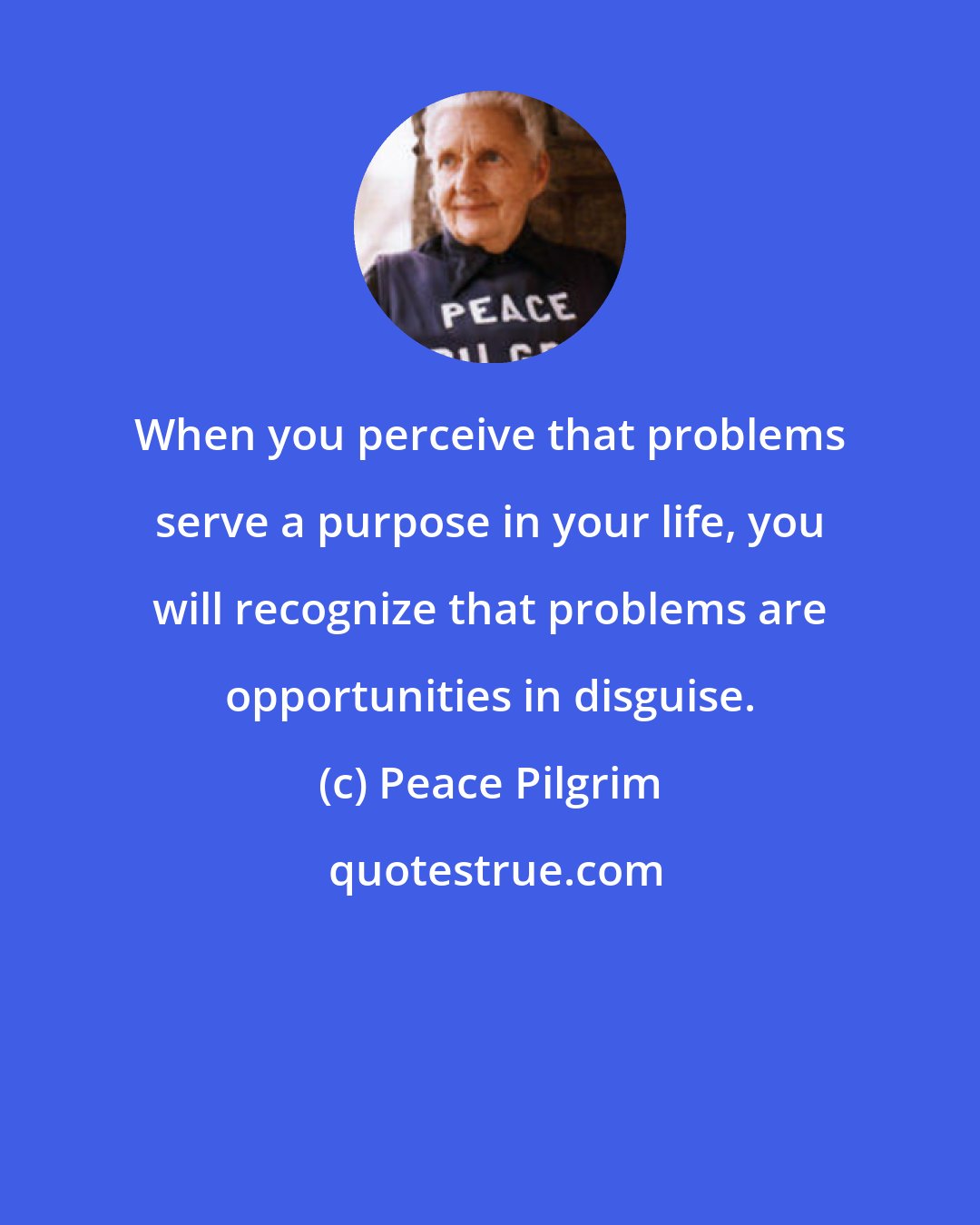 Peace Pilgrim: When you perceive that problems serve a purpose in your life, you will recognize that problems are opportunities in disguise.