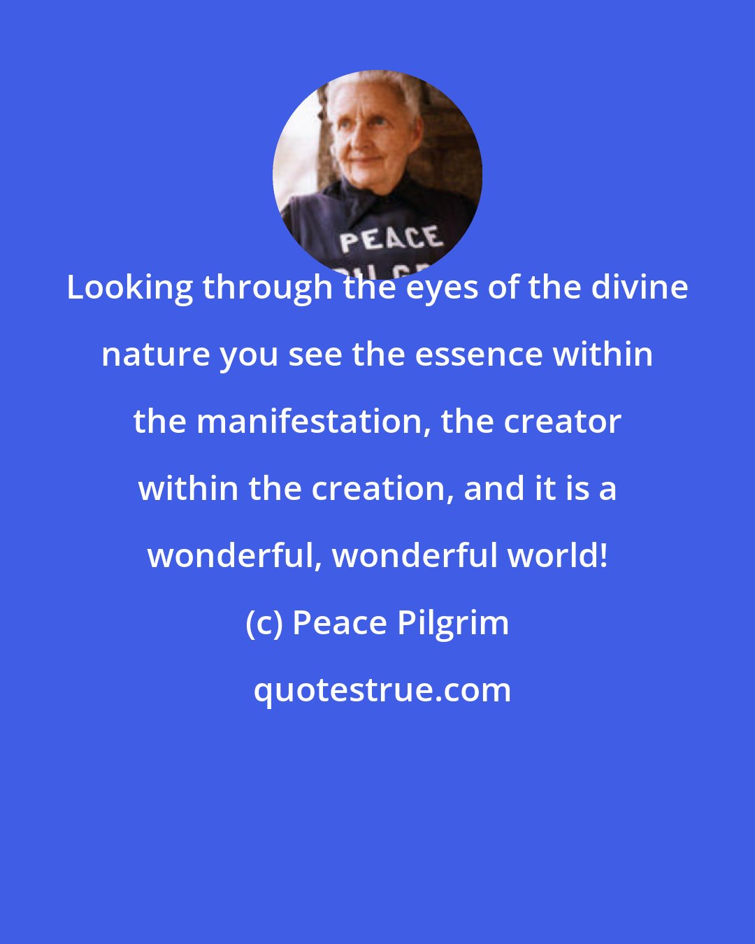 Peace Pilgrim: Looking through the eyes of the divine nature you see the essence within the manifestation, the creator within the creation, and it is a wonderful, wonderful world!