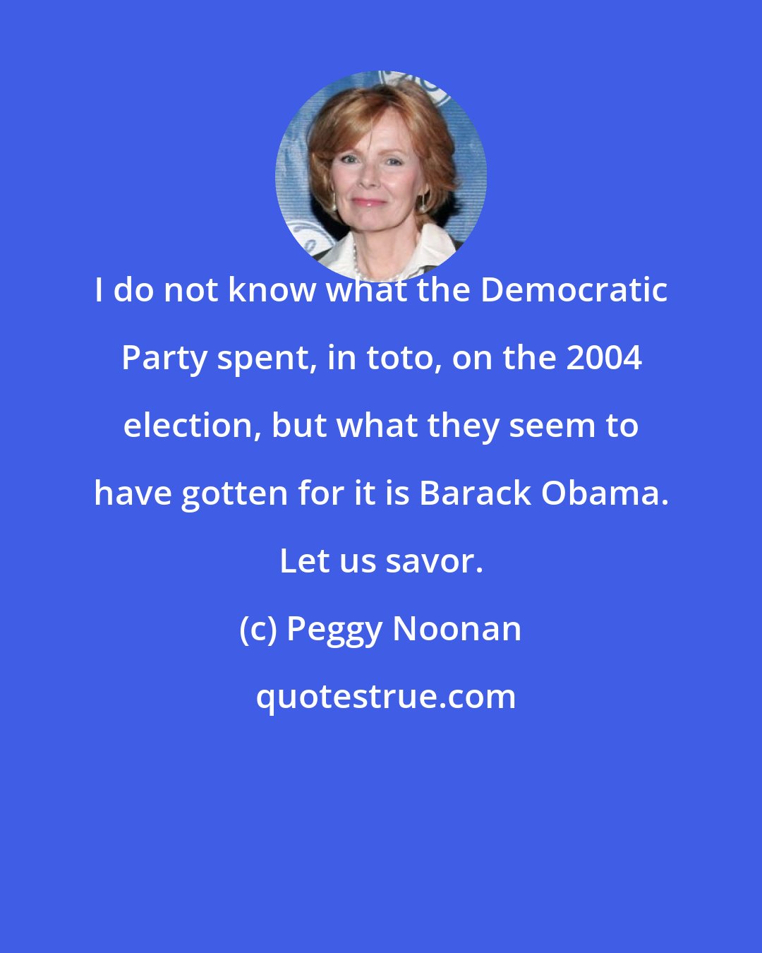 Peggy Noonan: I do not know what the Democratic Party spent, in toto, on the 2004 election, but what they seem to have gotten for it is Barack Obama. Let us savor.