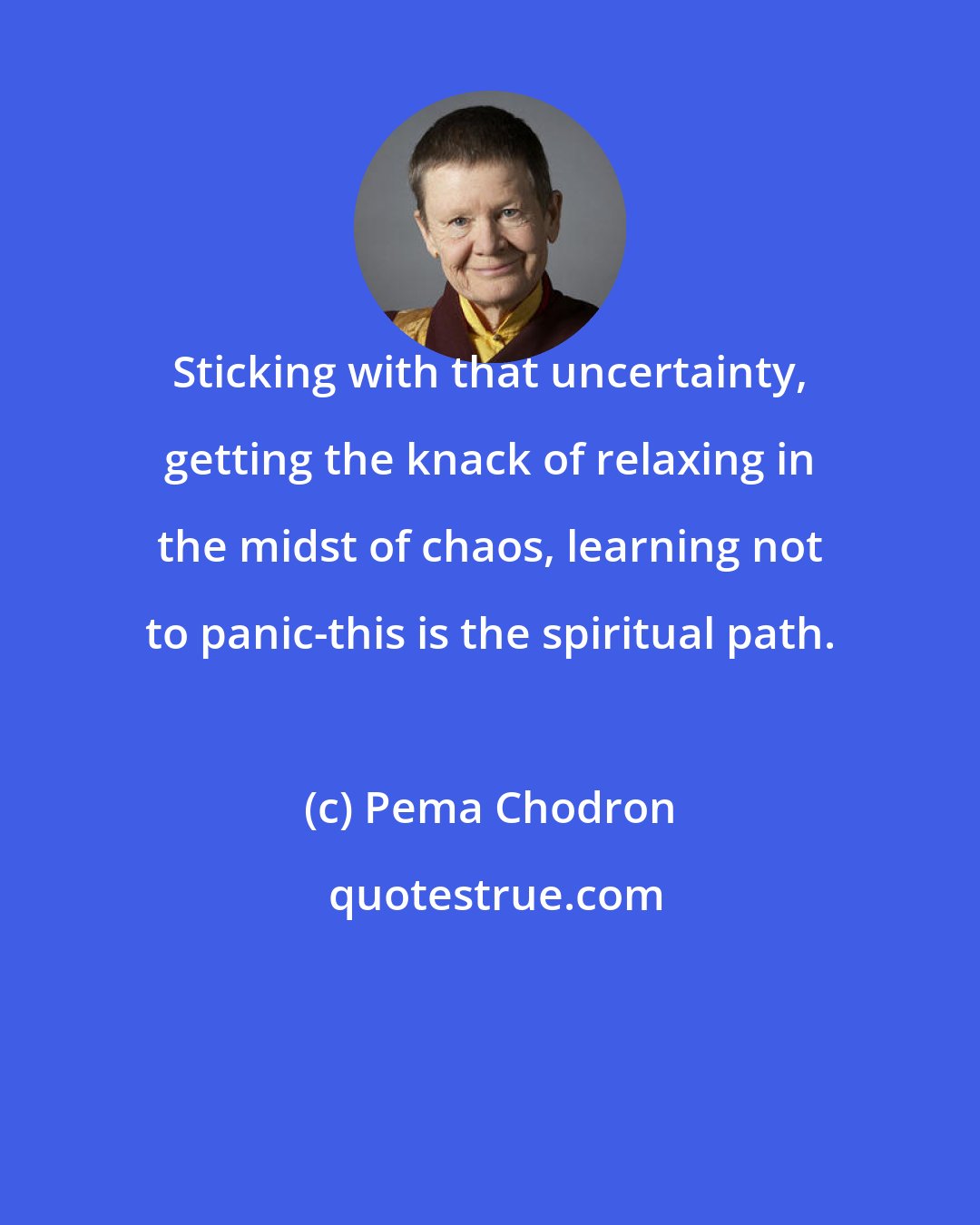 Pema Chodron: Sticking with that uncertainty, getting the knack of relaxing in the midst of chaos, learning not to panic-this is the spiritual path.
