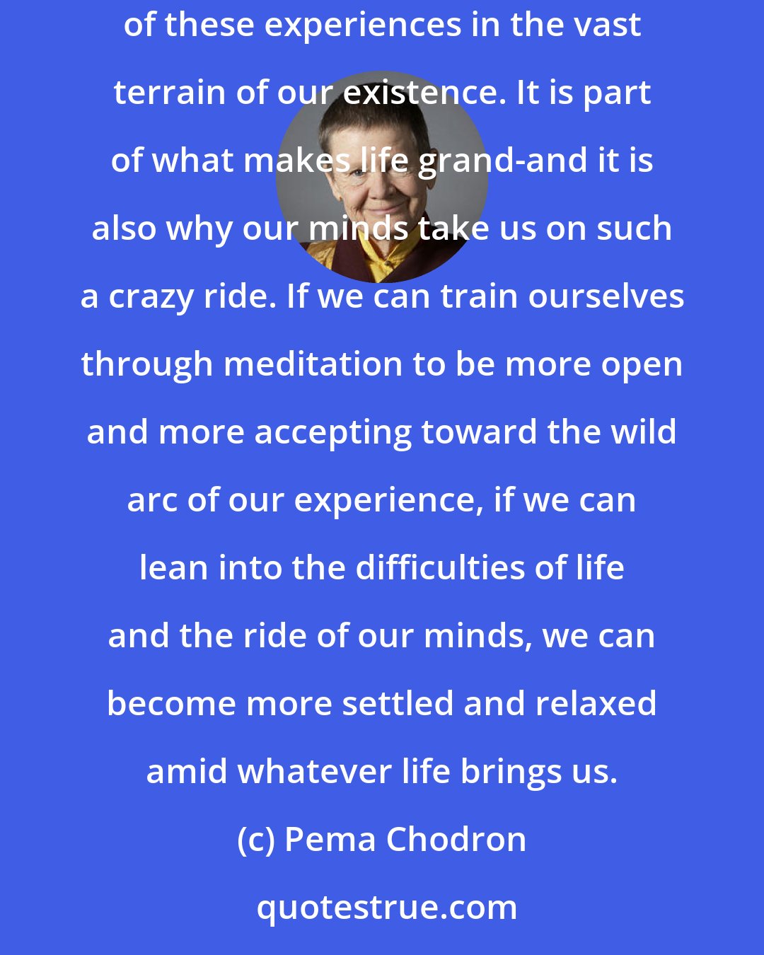 Pema Chodron: The mind is very wild. The human experience is full of unpredictability and paradox, joys and sorrows, successes and failures. We can't escape any of these experiences in the vast terrain of our existence. It is part of what makes life grand-and it is also why our minds take us on such a crazy ride. If we can train ourselves through meditation to be more open and more accepting toward the wild arc of our experience, if we can lean into the difficulties of life and the ride of our minds, we can become more settled and relaxed amid whatever life brings us.