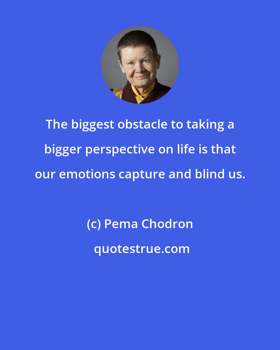 Pema Chodron: The biggest obstacle to taking a bigger perspective on life is that our emotions capture and blind us.