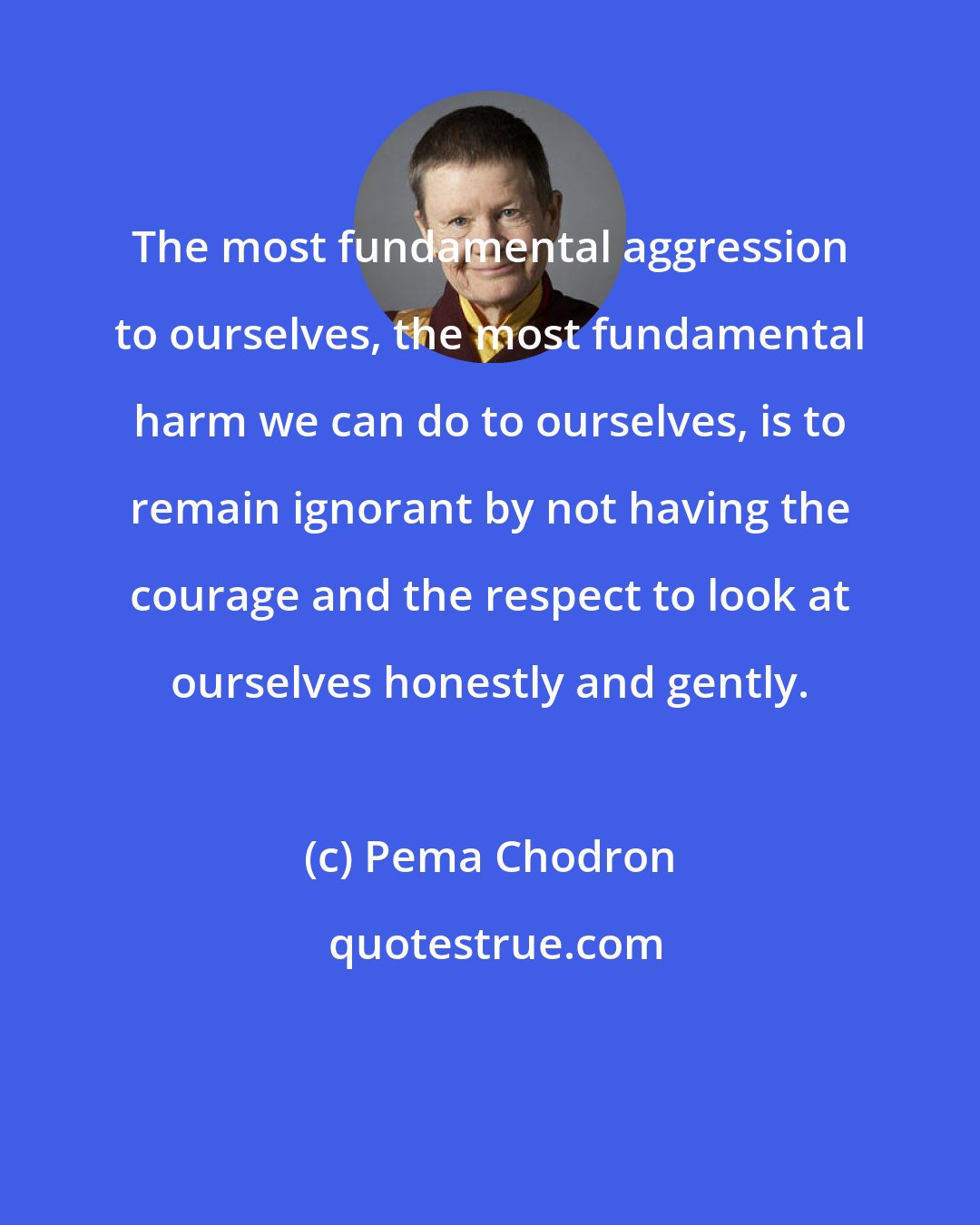 Pema Chodron: The most fundamental aggression to ourselves, the most fundamental harm we can do to ourselves, is to remain ignorant by not having the courage and the respect to look at ourselves honestly and gently.