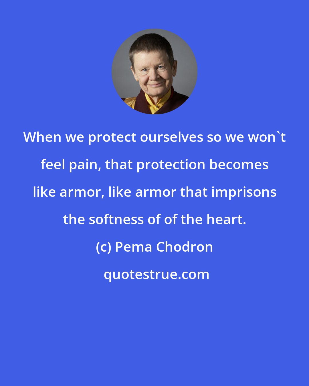 Pema Chodron: When we protect ourselves so we won't feel pain, that protection becomes like armor, like armor that imprisons the softness of of the heart.