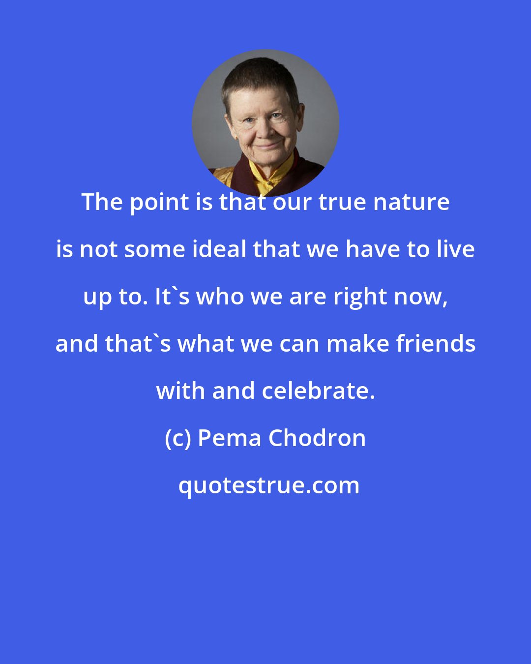 Pema Chodron: The point is that our true nature is not some ideal that we have to live up to. It's who we are right now, and that's what we can make friends with and celebrate.