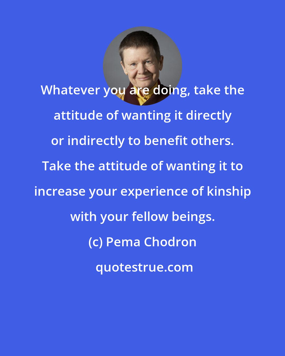 Pema Chodron: Whatever you are doing, take the attitude of wanting it directly or indirectly to benefit others. Take the attitude of wanting it to increase your experience of kinship with your fellow beings.