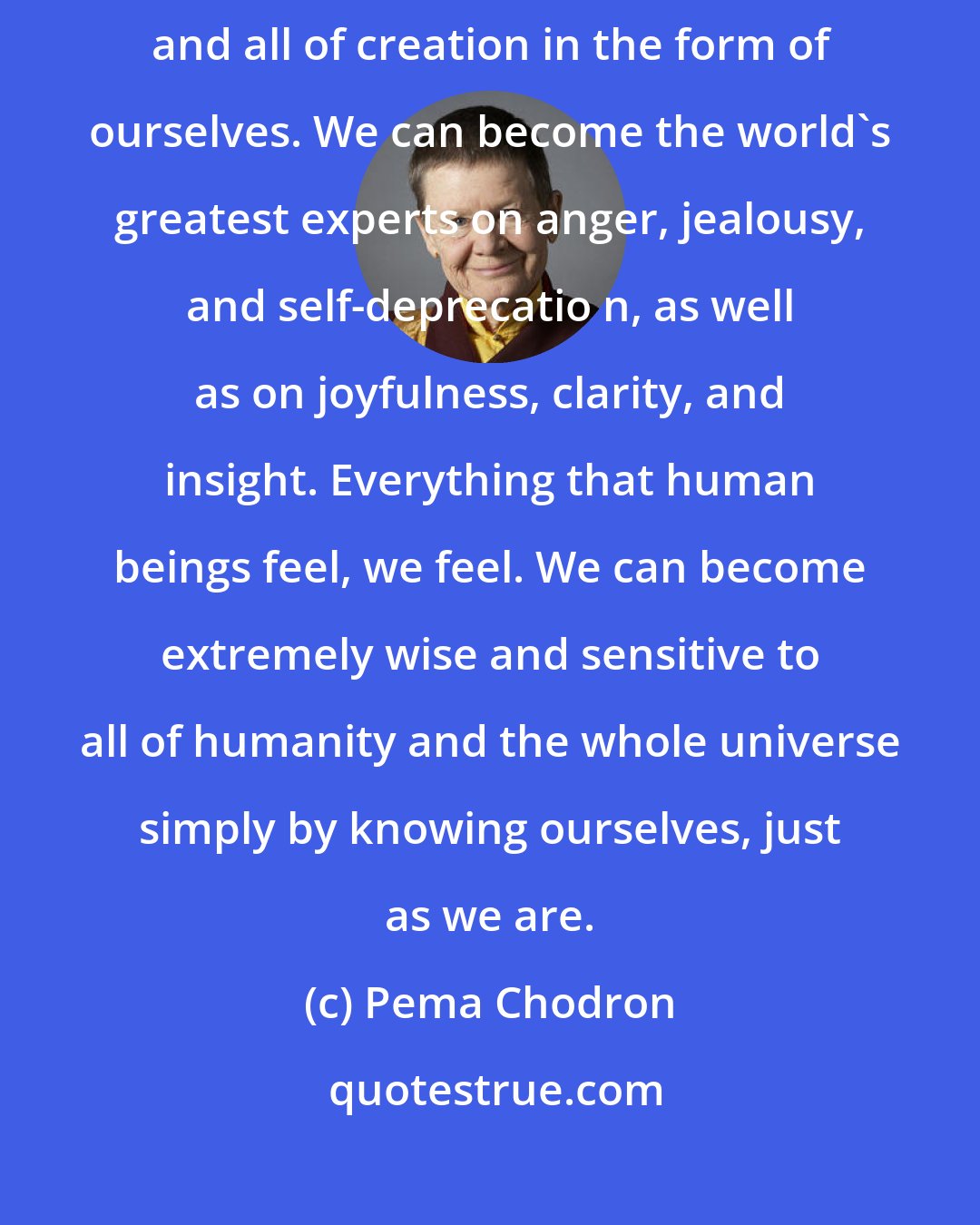 Pema Chodron: While we are sitting in meditation, we are simply exploring humanity and all of creation in the form of ourselves. We can become the world's greatest experts on anger, jealousy, and self-deprecatio n, as well as on joyfulness, clarity, and insight. Everything that human beings feel, we feel. We can become extremely wise and sensitive to all of humanity and the whole universe simply by knowing ourselves, just as we are.