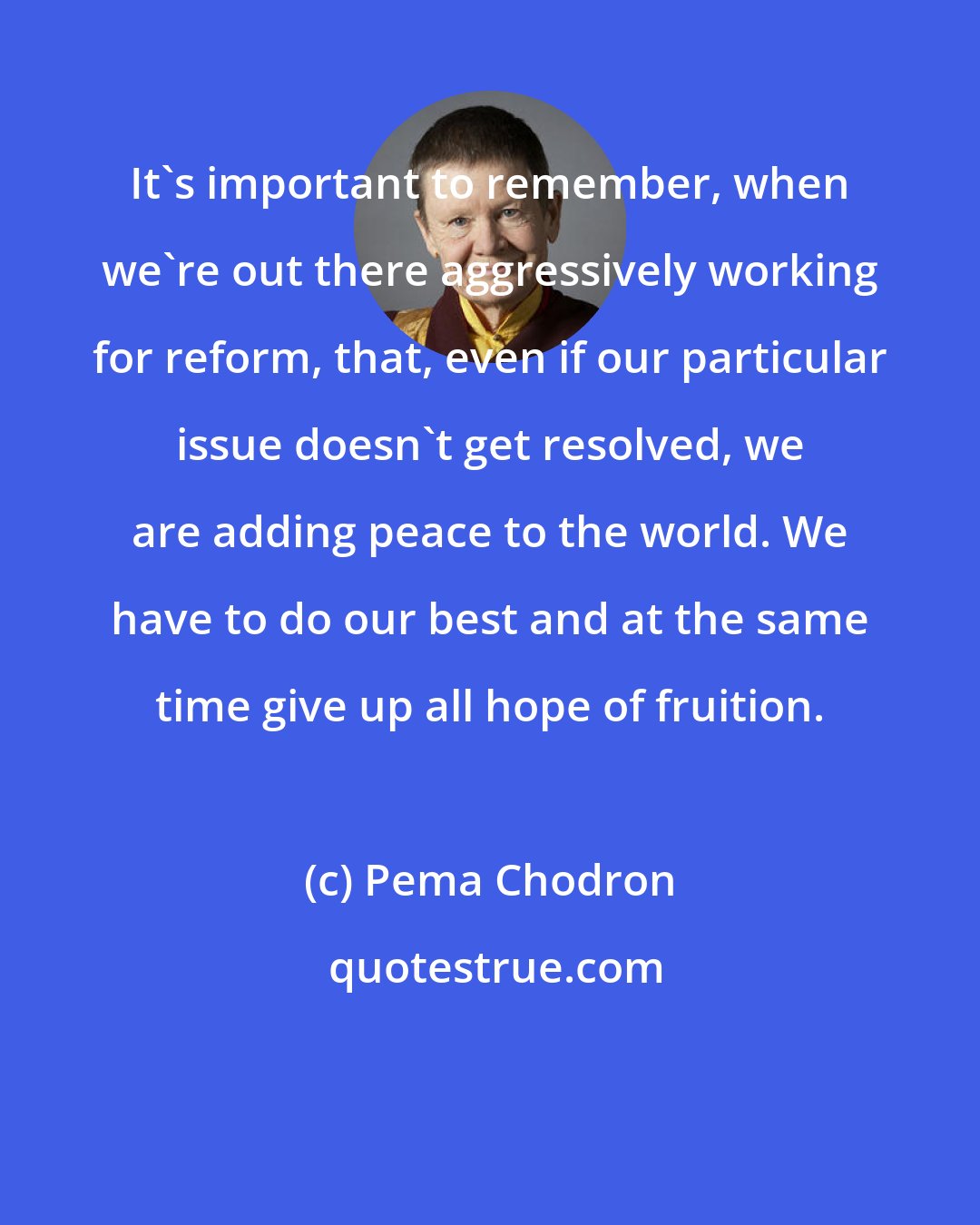 Pema Chodron: It's important to remember, when we're out there aggressively working for reform, that, even if our particular issue doesn't get resolved, we are adding peace to the world. We have to do our best and at the same time give up all hope of fruition.