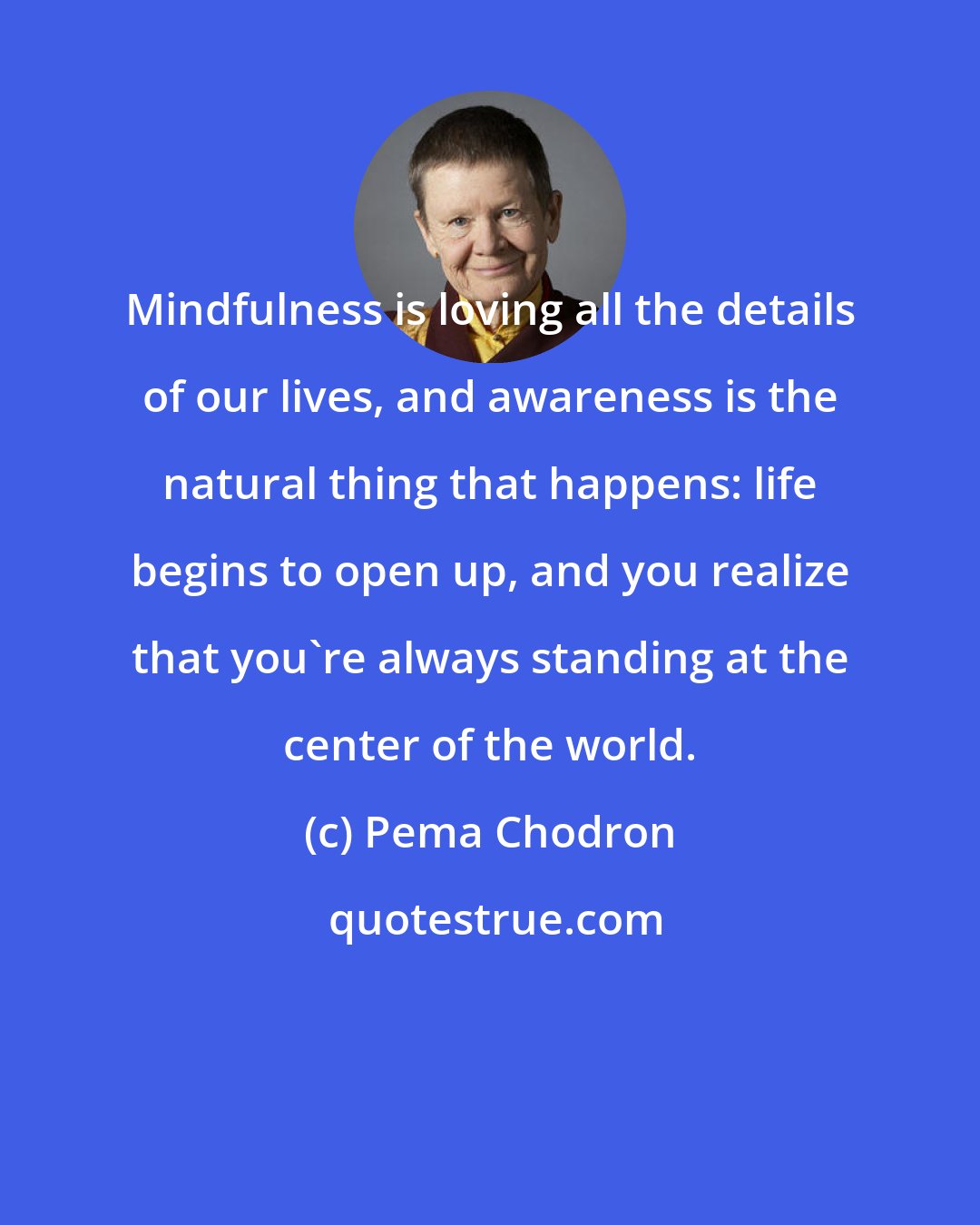 Pema Chodron: Mindfulness is loving all the details of our lives, and awareness is the natural thing that happens: life begins to open up, and you realize that you're always standing at the center of the world.