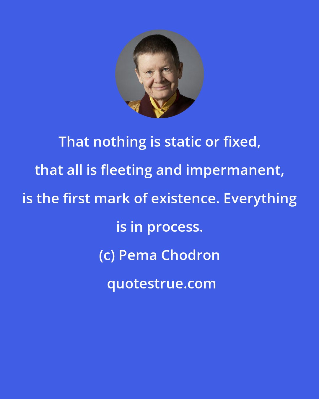 Pema Chodron: That nothing is static or fixed, that all is fleeting and impermanent, is the first mark of existence. Everything is in process.