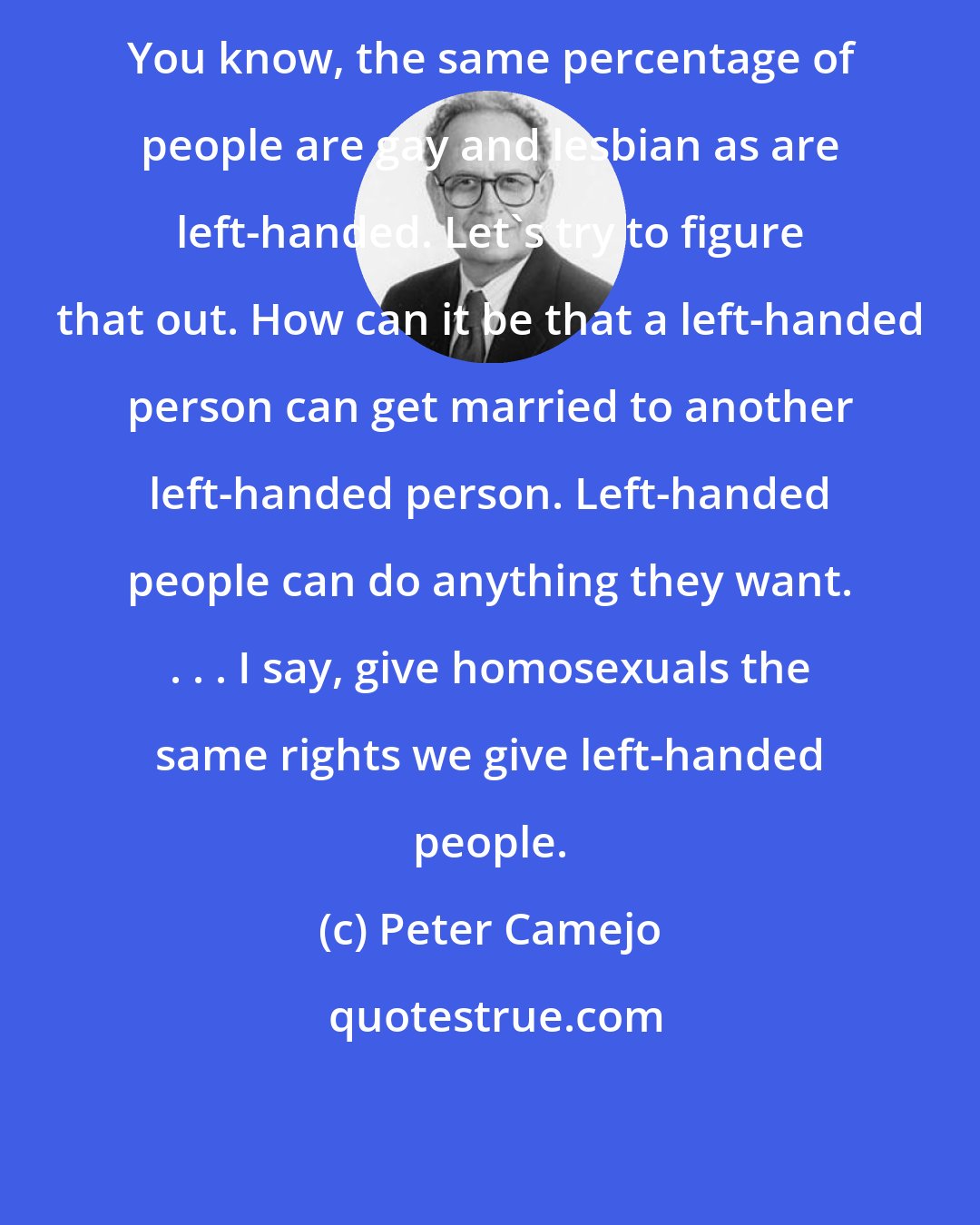 Peter Camejo: You know, the same percentage of people are gay and lesbian as are left-handed. Let's try to figure that out. How can it be that a left-handed person can get married to another left-handed person. Left-handed people can do anything they want. . . . I say, give homosexuals the same rights we give left-handed people.