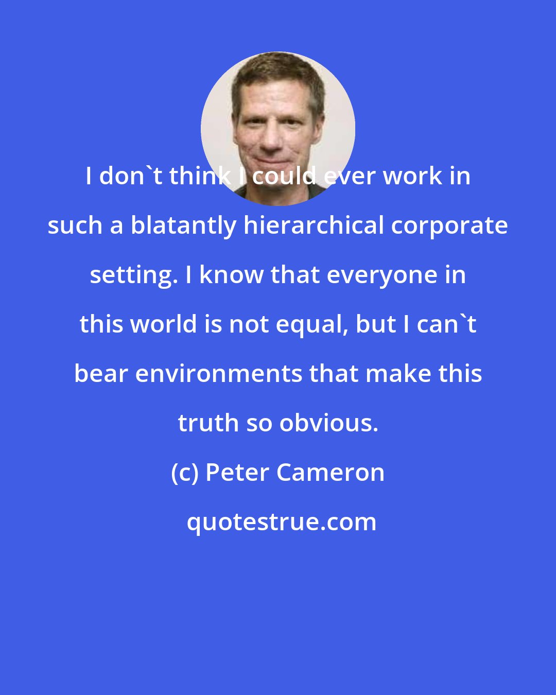 Peter Cameron: I don't think I could ever work in such a blatantly hierarchical corporate setting. I know that everyone in this world is not equal, but I can't bear environments that make this truth so obvious.