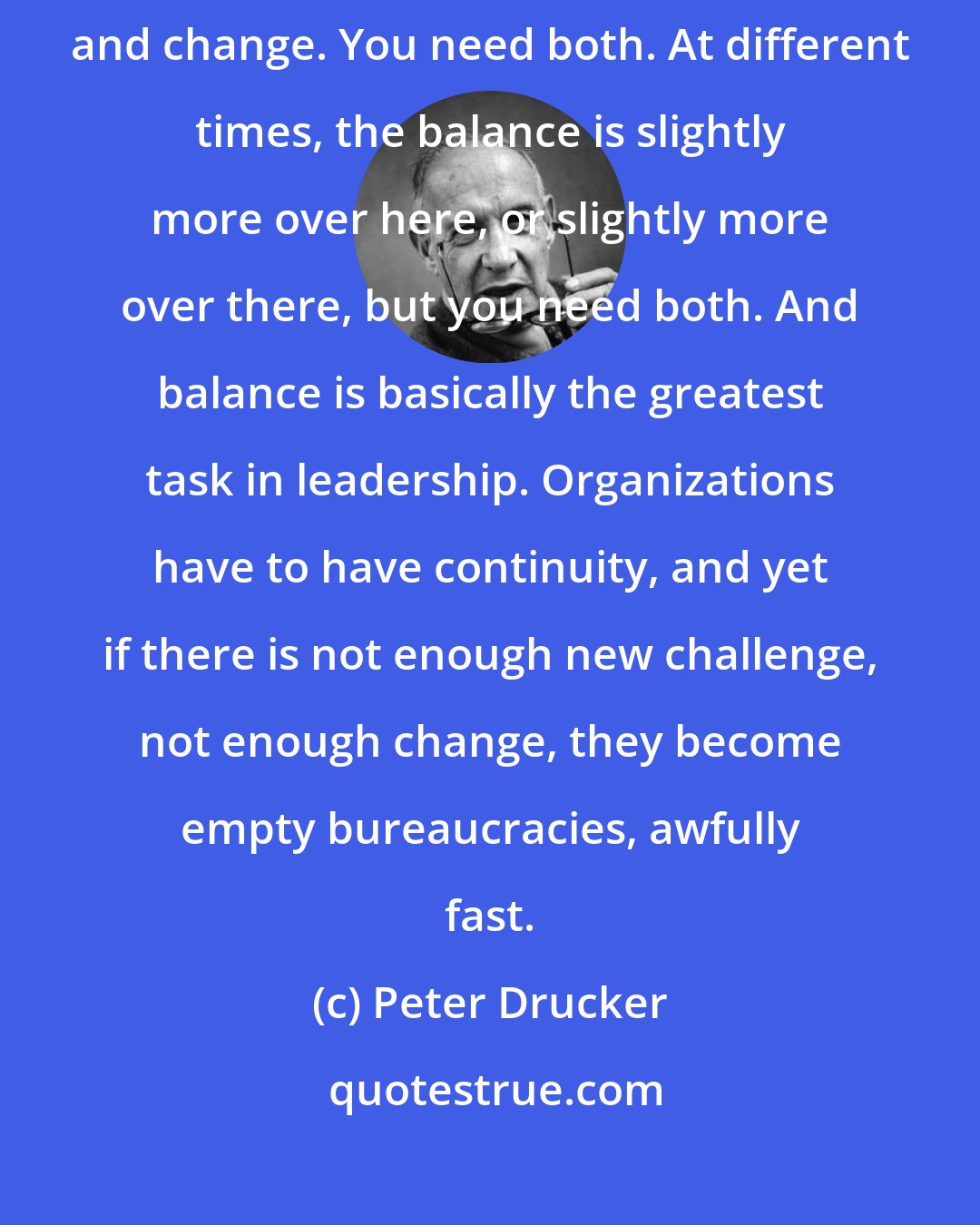 Peter Drucker: The greatest challenge to organizations is the balance between continuity and change. You need both. At different times, the balance is slightly more over here, or slightly more over there, but you need both. And balance is basically the greatest task in leadership. Organizations have to have continuity, and yet if there is not enough new challenge, not enough change, they become empty bureaucracies, awfully fast.