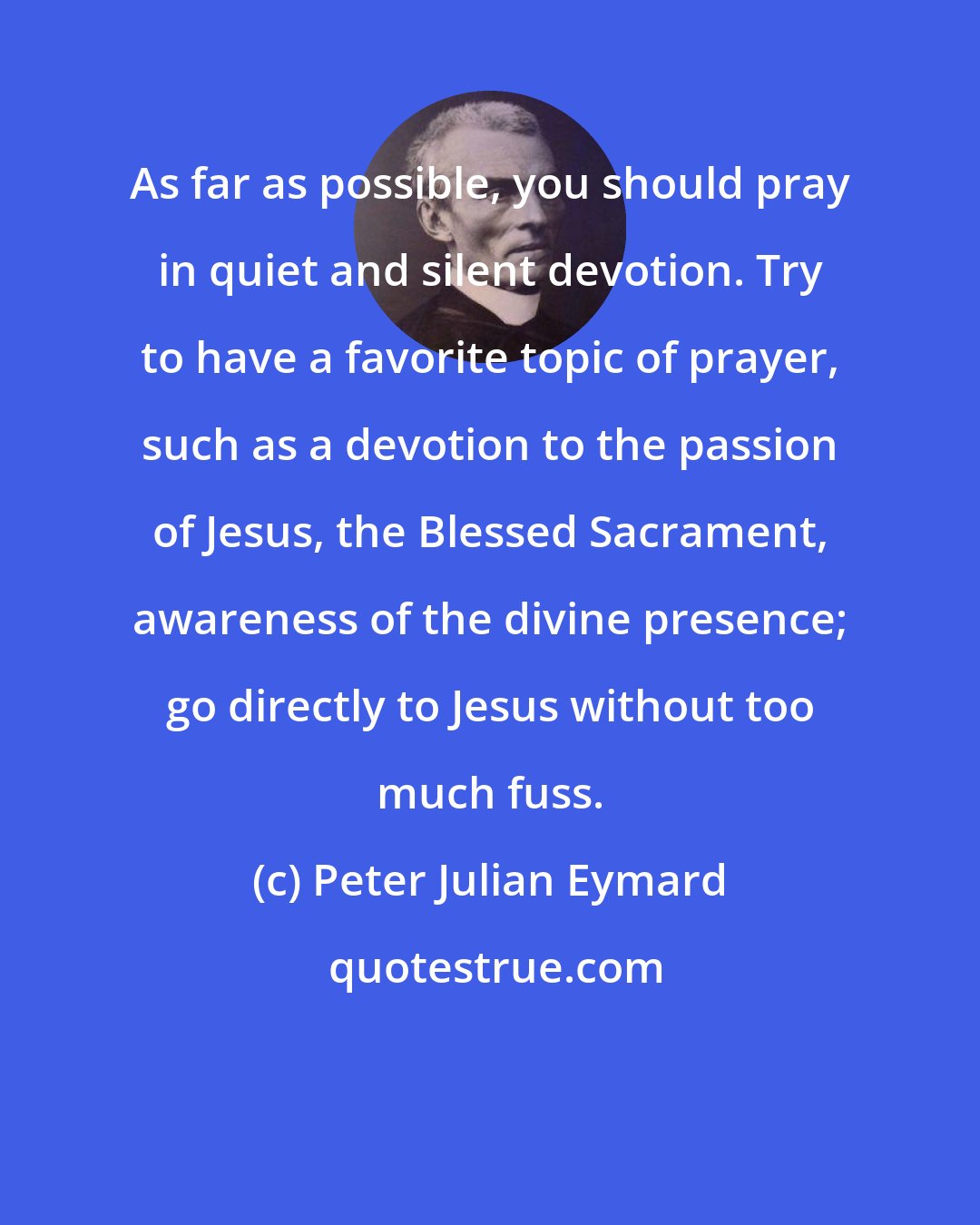 Peter Julian Eymard: As far as possible, you should pray in quiet and silent devotion. Try to have a favorite topic of prayer, such as a devotion to the passion of Jesus, the Blessed Sacrament, awareness of the divine presence; go directly to Jesus without too much fuss.