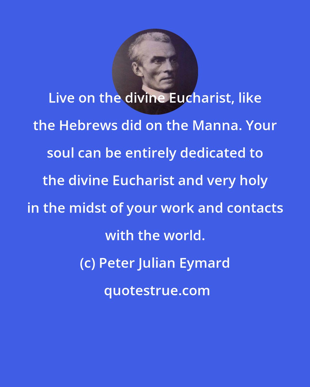 Peter Julian Eymard: Live on the divine Eucharist, like the Hebrews did on the Manna. Your soul can be entirely dedicated to the divine Eucharist and very holy in the midst of your work and contacts with the world.