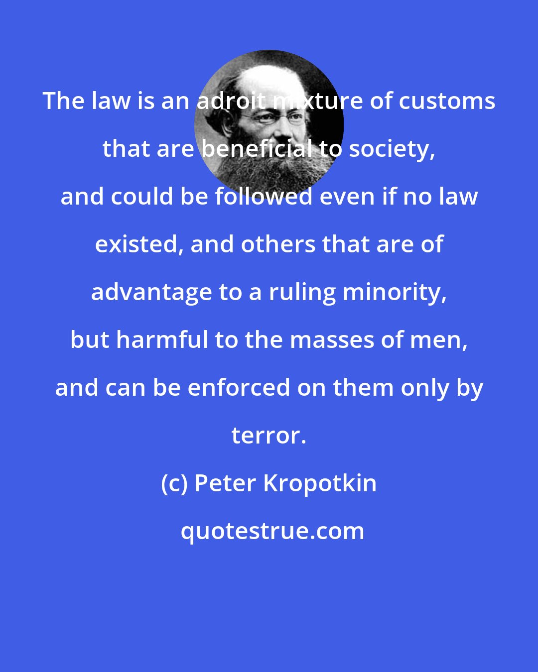 Peter Kropotkin: The law is an adroit mixture of customs that are beneficial to society, and could be followed even if no law existed, and others that are of advantage to a ruling minority, but harmful to the masses of men, and can be enforced on them only by terror.