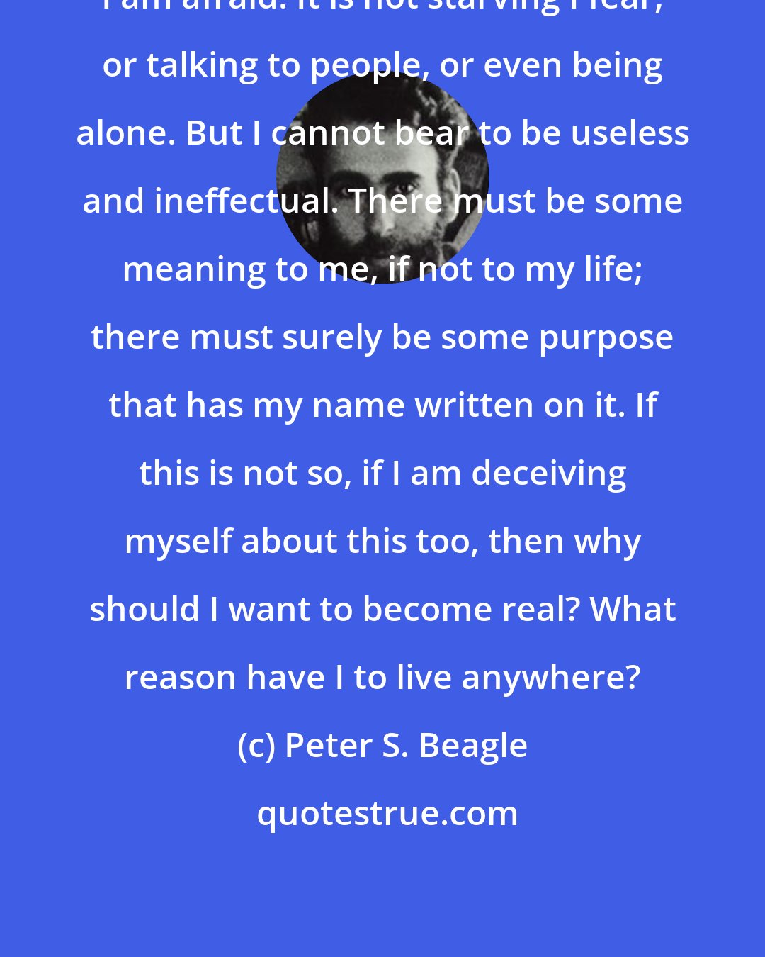 Peter S. Beagle: I am afraid! It is not starving I fear, or talking to people, or even being alone. But I cannot bear to be useless and ineffectual. There must be some meaning to me, if not to my life; there must surely be some purpose that has my name written on it. If this is not so, if I am deceiving myself about this too, then why should I want to become real? What reason have I to live anywhere?