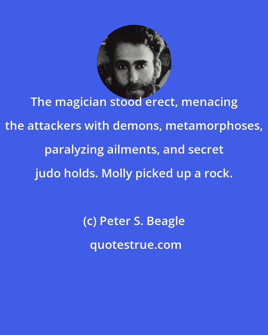 Peter S. Beagle: The magician stood erect, menacing the attackers with demons, metamorphoses, paralyzing ailments, and secret judo holds. Molly picked up a rock.