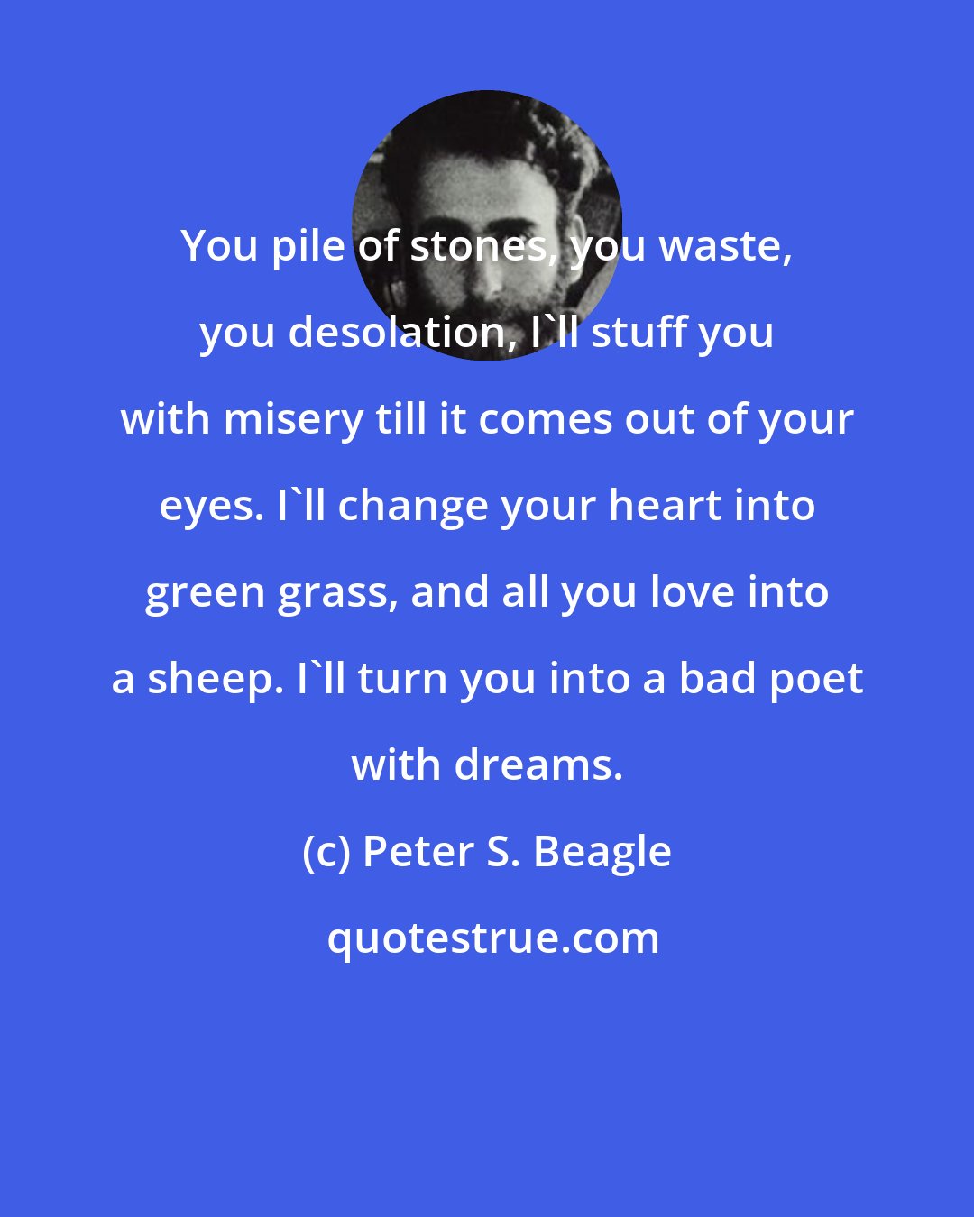 Peter S. Beagle: You pile of stones, you waste, you desolation, I'll stuff you with misery till it comes out of your eyes. I'll change your heart into green grass, and all you love into a sheep. I'll turn you into a bad poet with dreams.