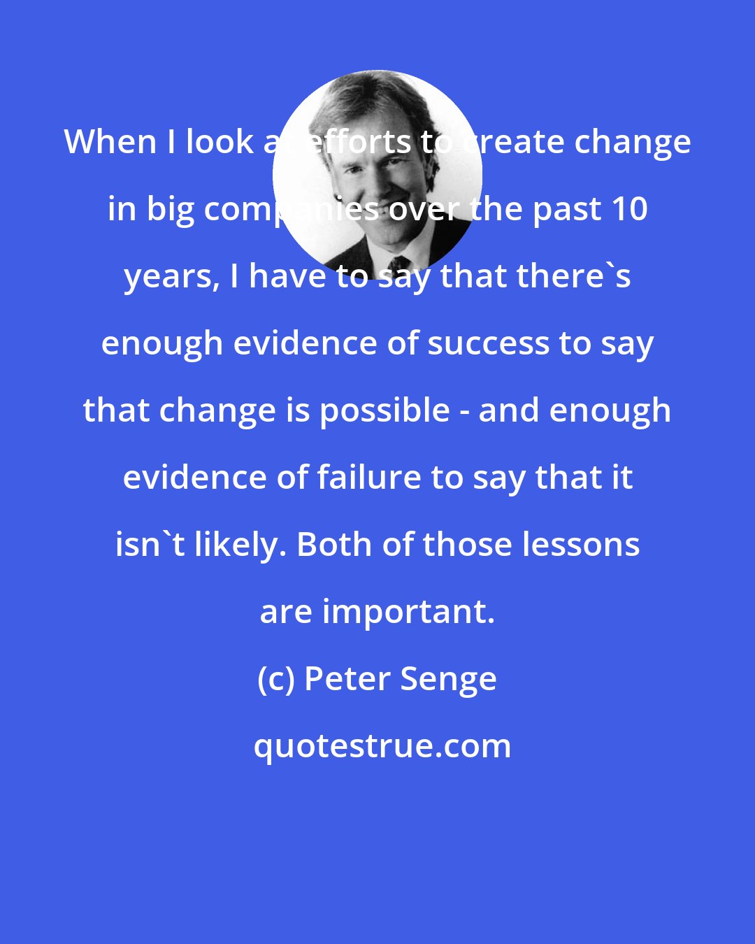 Peter Senge: When I look at efforts to create change in big companies over the past 10 years, I have to say that there's enough evidence of success to say that change is possible - and enough evidence of failure to say that it isn't likely. Both of those lessons are important.