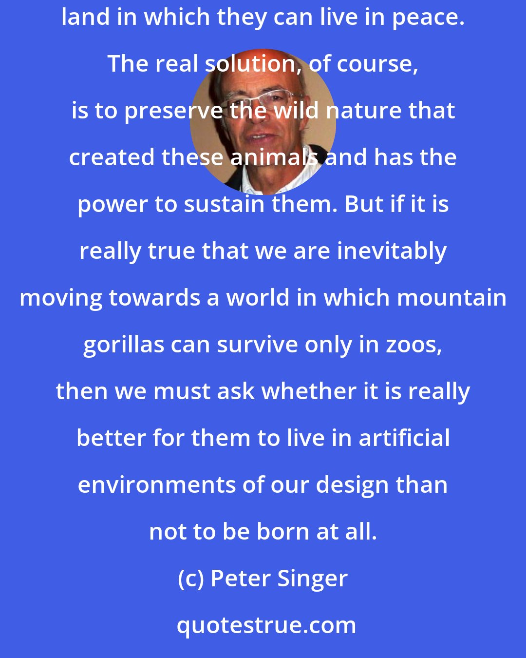 Peter Singer: If zoos are like arks, then rare animals are like passengers on a voyage of the damned, never to find a port that will let them dock or a land in which they can live in peace. The real solution, of course, is to preserve the wild nature that created these animals and has the power to sustain them. But if it is really true that we are inevitably moving towards a world in which mountain gorillas can survive only in zoos, then we must ask whether it is really better for them to live in artificial environments of our design than not to be born at all.