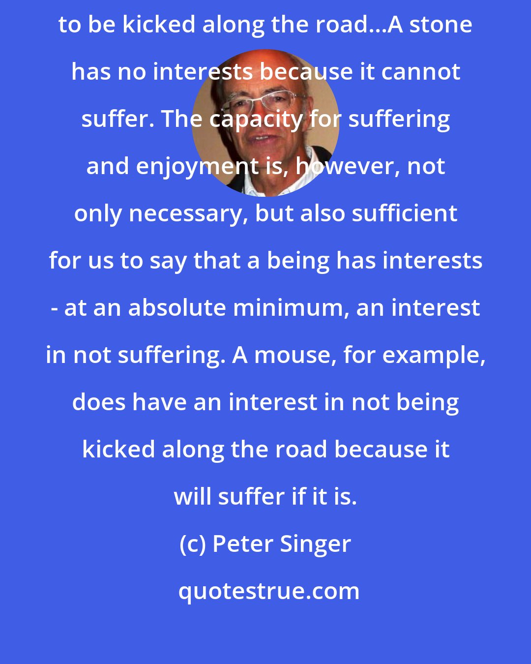 Peter Singer: It would be nonsense to say that it was not in the interests of a stone to be kicked along the road...A stone has no interests because it cannot suffer. The capacity for suffering and enjoyment is, however, not only necessary, but also sufficient for us to say that a being has interests - at an absolute minimum, an interest in not suffering. A mouse, for example, does have an interest in not being kicked along the road because it will suffer if it is.