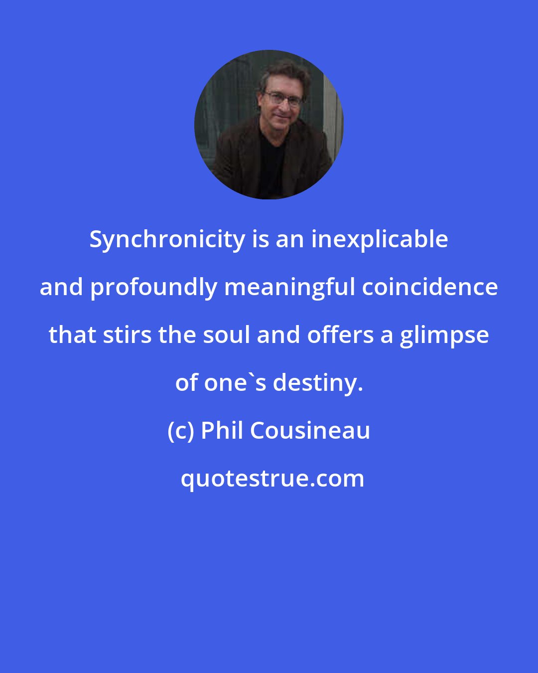 Phil Cousineau: Synchronicity is an inexplicable and profoundly meaningful coincidence that stirs the soul and offers a glimpse of one's destiny.