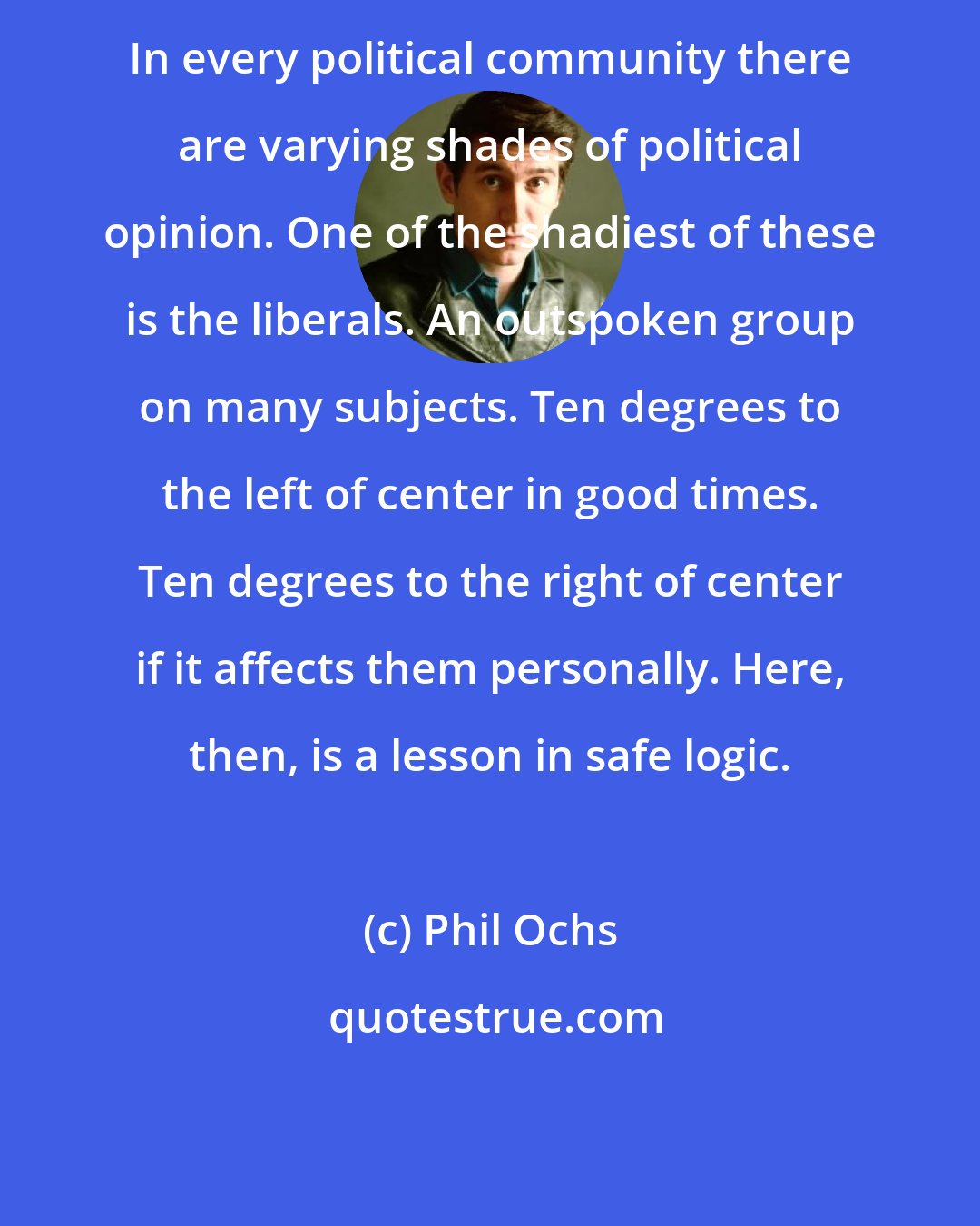 Phil Ochs: In every political community there are varying shades of political opinion. One of the shadiest of these is the liberals. An outspoken group on many subjects. Ten degrees to the left of center in good times. Ten degrees to the right of center if it affects them personally. Here, then, is a lesson in safe logic.