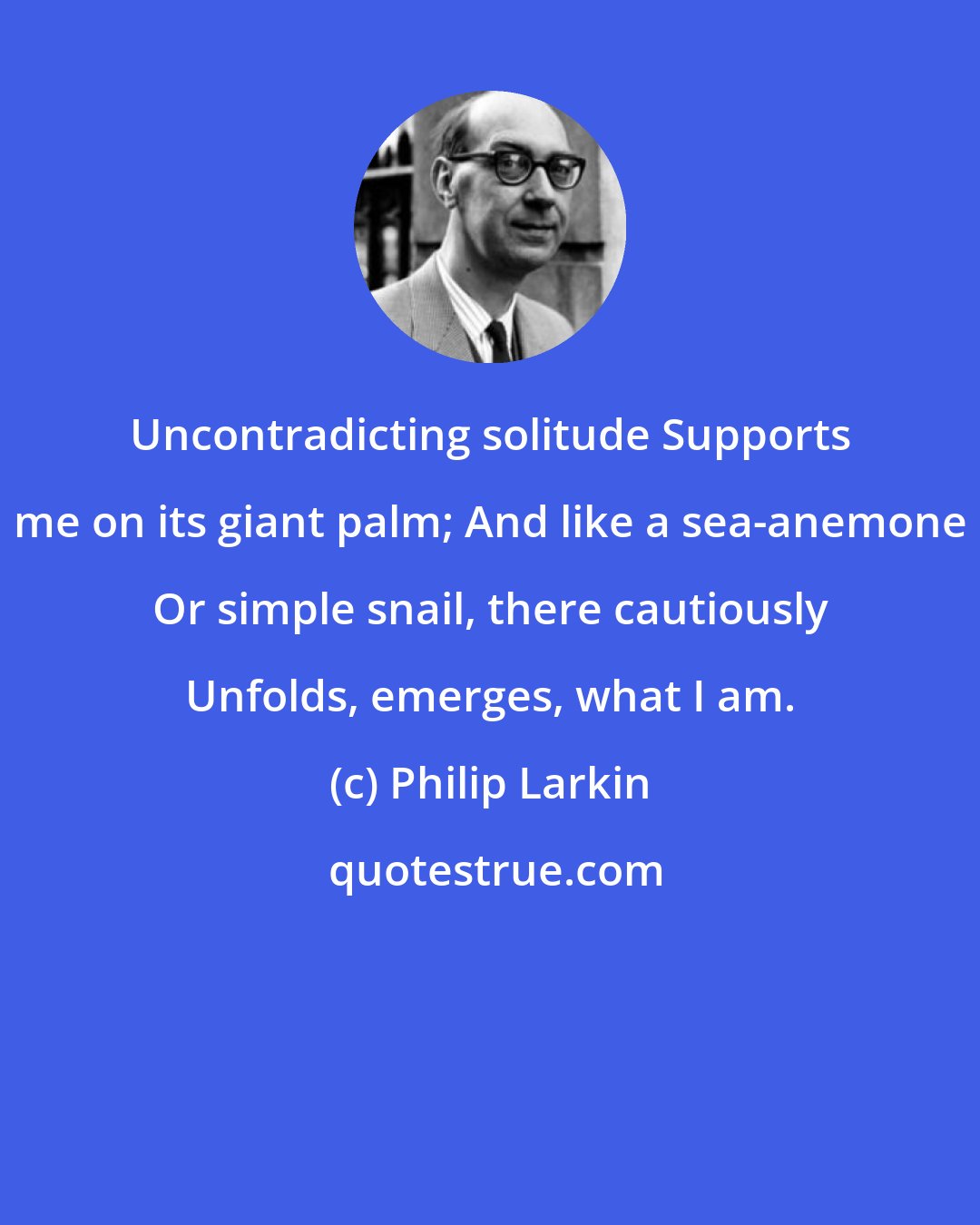 Philip Larkin: Uncontradicting solitude Supports me on its giant palm; And like a sea-anemone Or simple snail, there cautiously Unfolds, emerges, what I am.