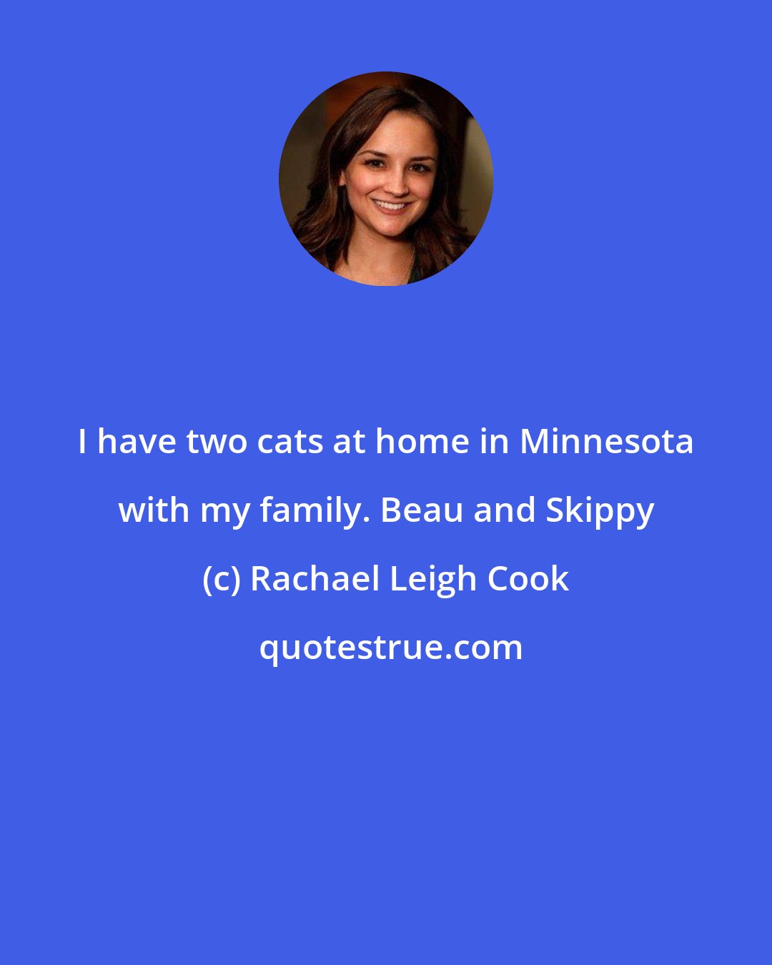 Rachael Leigh Cook: I have two cats at home in Minnesota with my family. Beau and Skippy