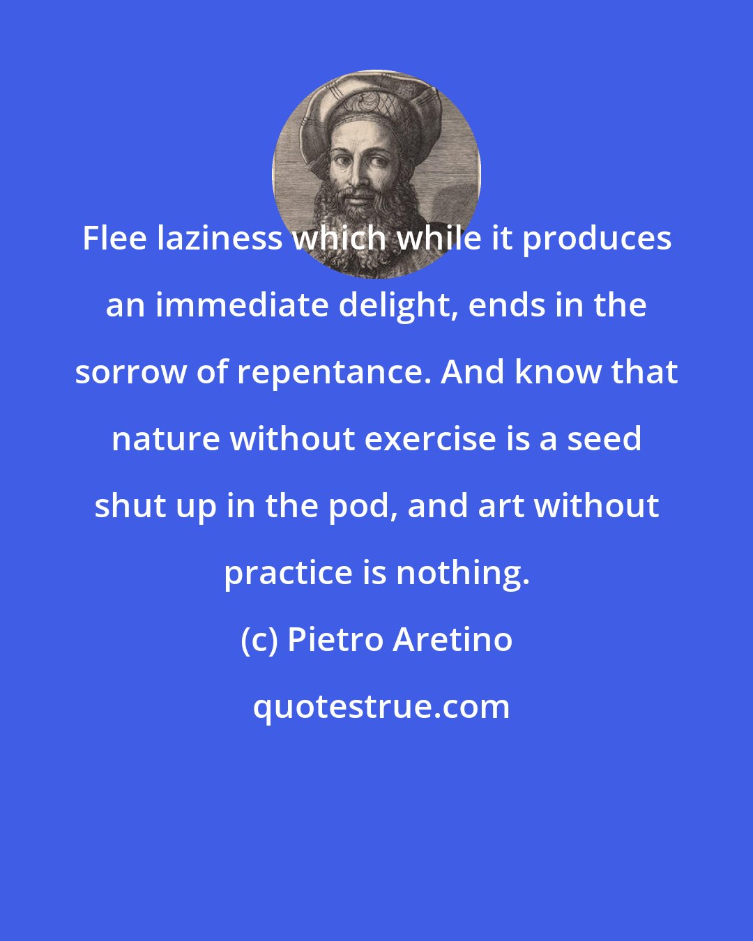 Pietro Aretino: Flee laziness which while it produces an immediate delight, ends in the sorrow of repentance. And know that nature without exercise is a seed shut up in the pod, and art without practice is nothing.