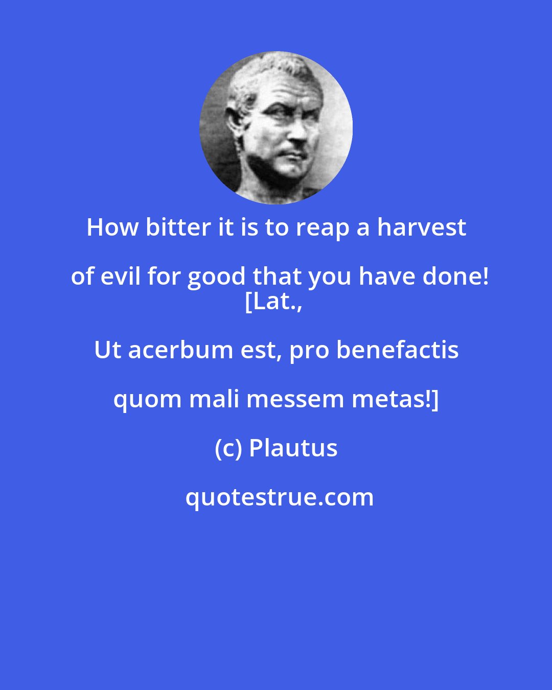 Plautus: How bitter it is to reap a harvest of evil for good that you have done!
[Lat., Ut acerbum est, pro benefactis quom mali messem metas!]
