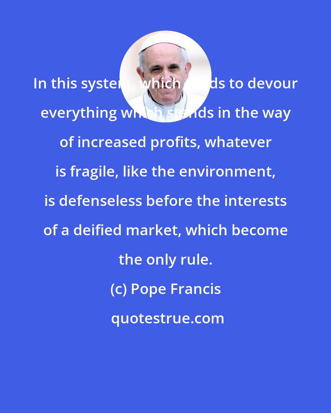 Pope Francis: In this system, which tends to devour everything which stands in the way of increased profits, whatever is fragile, like the environment, is defenseless before the interests of a deified market, which become the only rule.