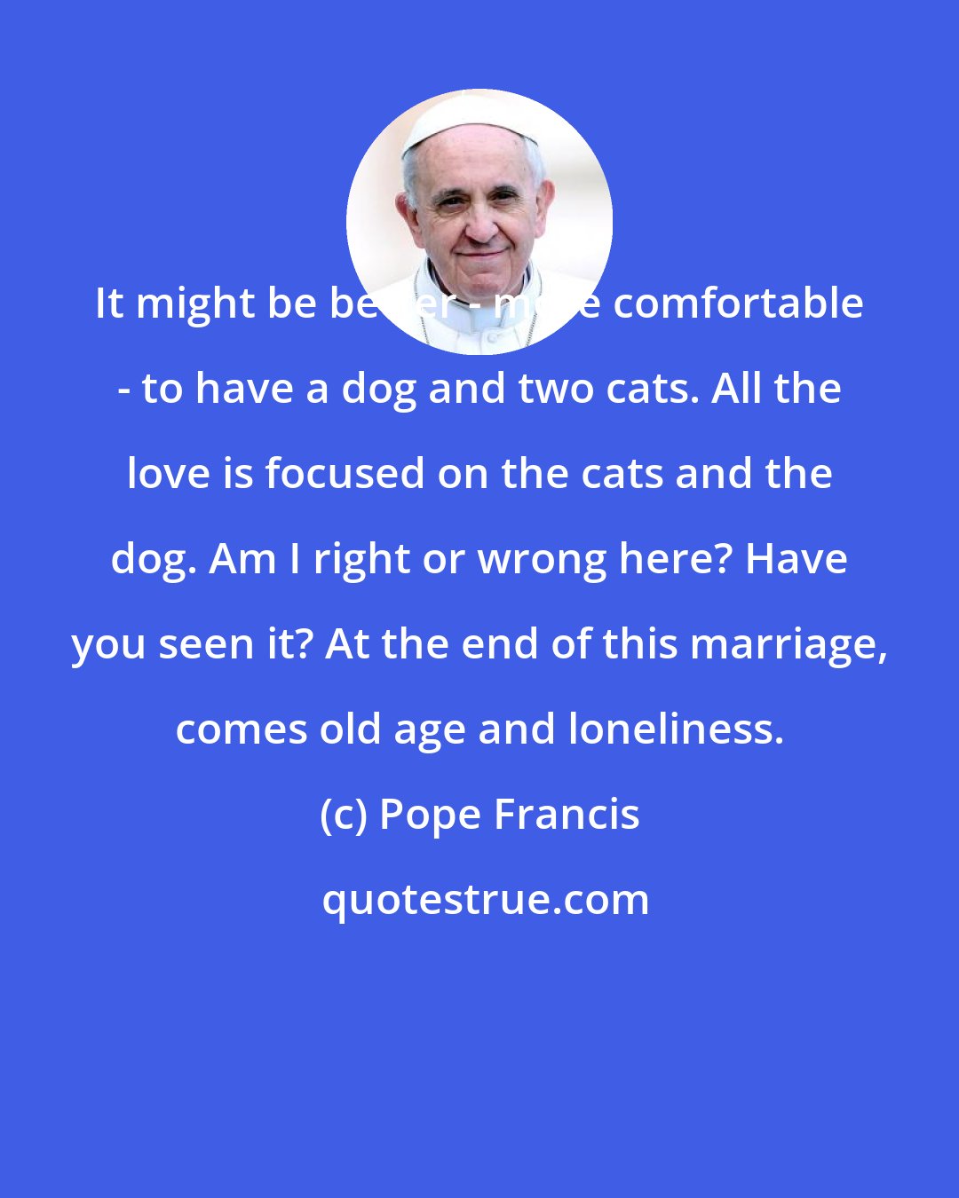 Pope Francis: It might be better - more comfortable - to have a dog and two cats. All the love is focused on the cats and the dog. Am I right or wrong here? Have you seen it? At the end of this marriage, comes old age and loneliness.