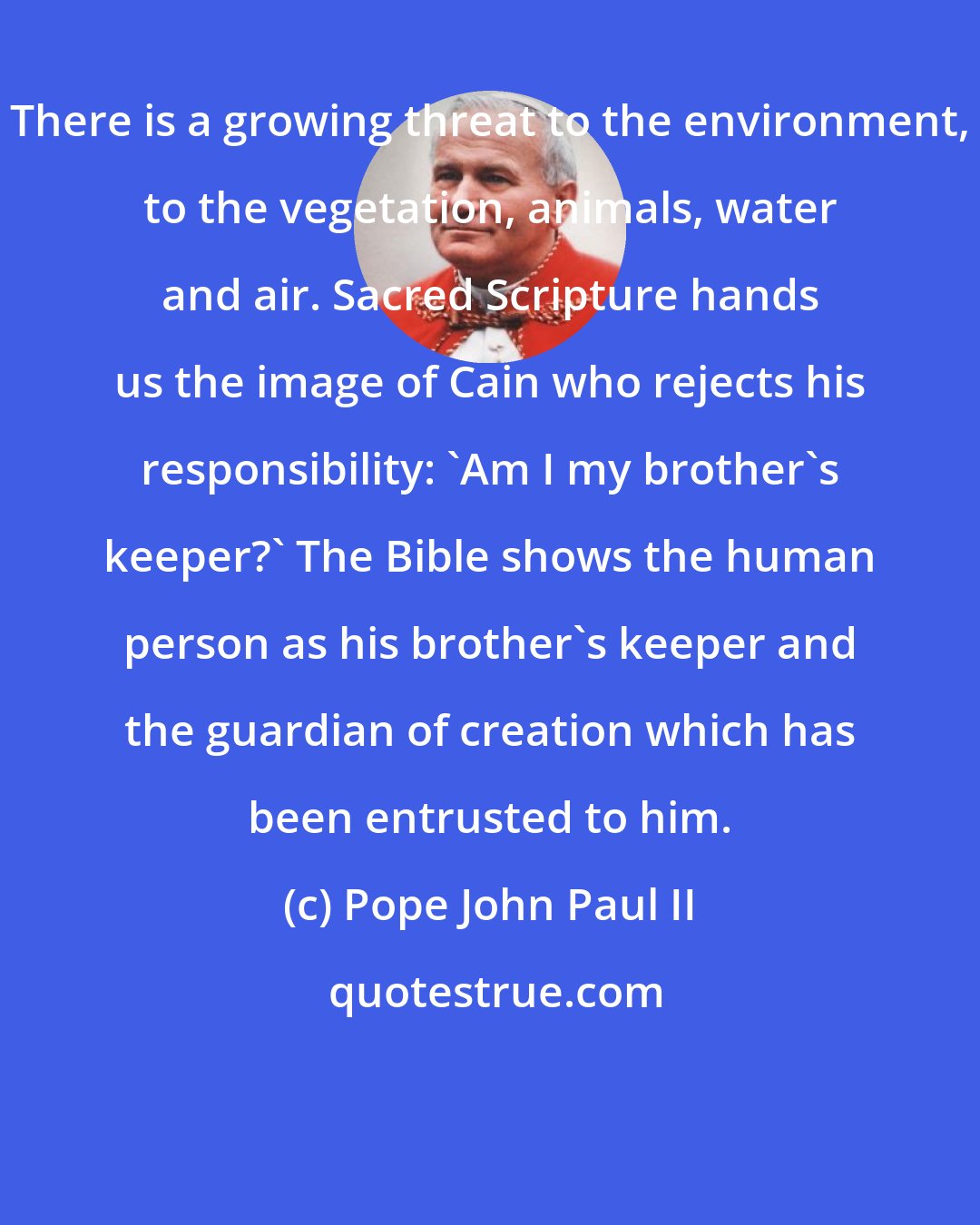 Pope John Paul II: There is a growing threat to the environment, to the vegetation, animals, water and air. Sacred Scripture hands us the image of Cain who rejects his responsibility: 'Am I my brother's keeper?' The Bible shows the human person as his brother's keeper and the guardian of creation which has been entrusted to him.