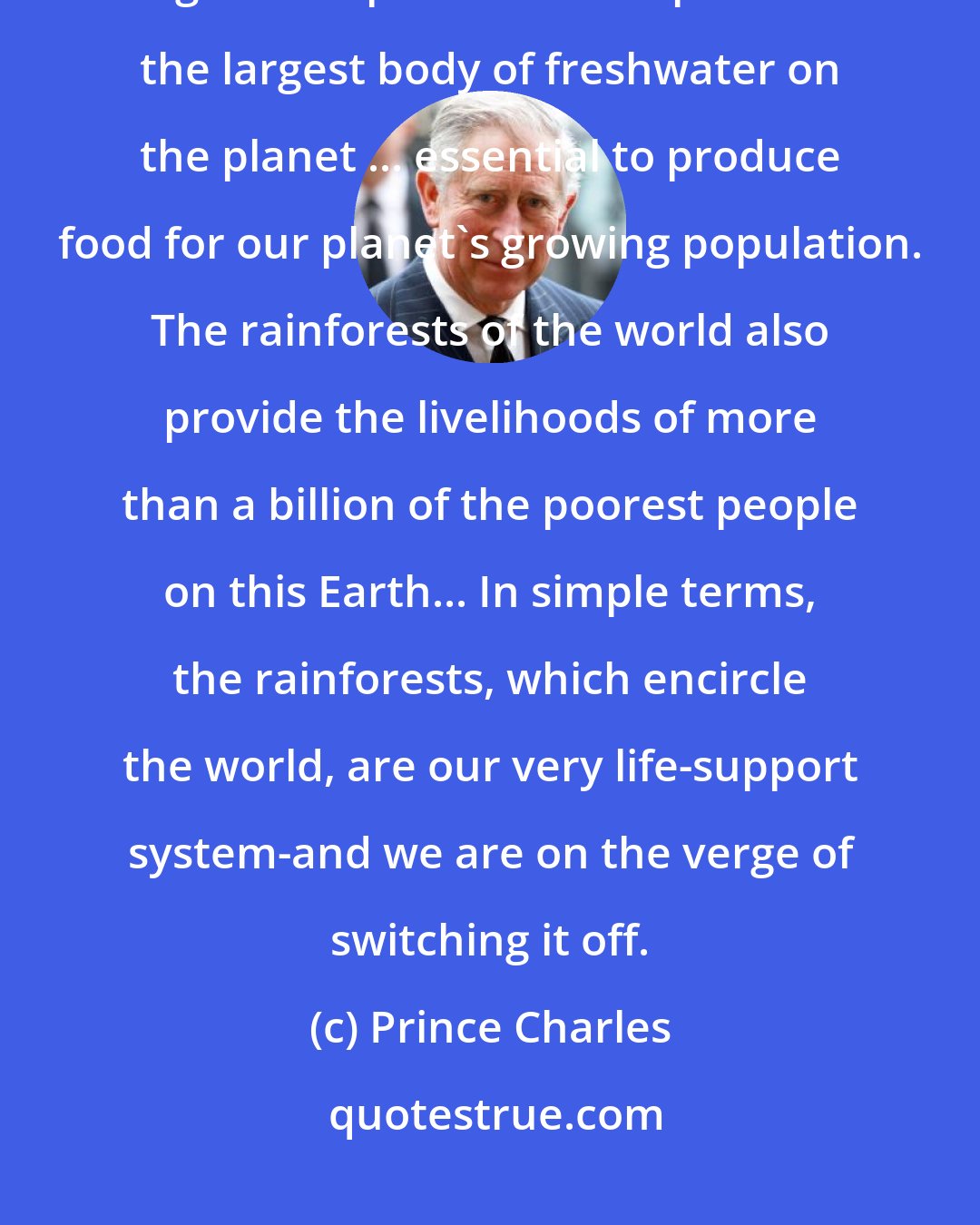 Prince Charles: Forests ... are in fact the world's air-conditioning system-the very lungs of the planet-and help to store the largest body of freshwater on the planet ... essential to produce food for our planet's growing population. The rainforests of the world also provide the livelihoods of more than a billion of the poorest people on this Earth... In simple terms, the rainforests, which encircle the world, are our very life-support system-and we are on the verge of switching it off.