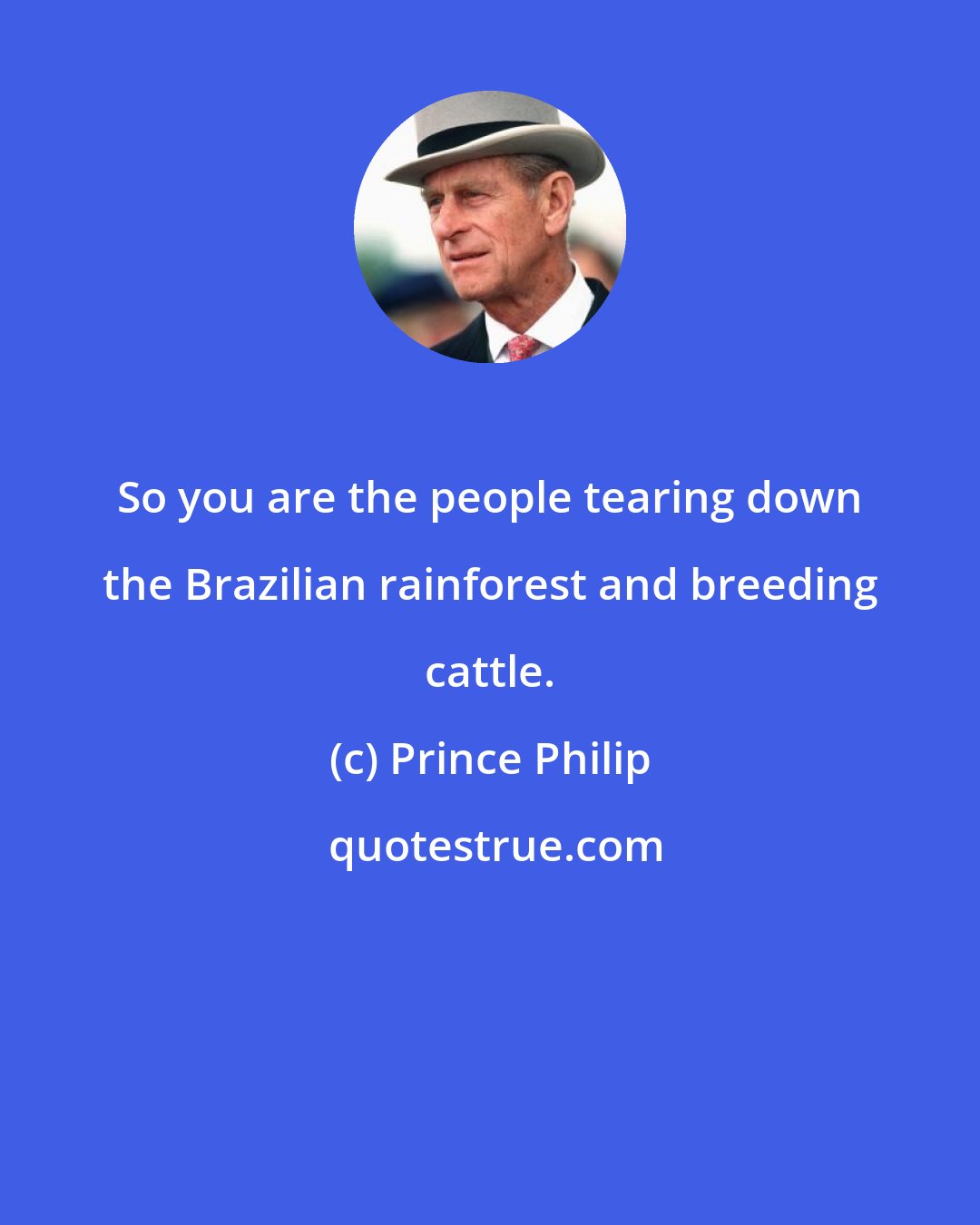 Prince Philip: So you are the people tearing down the Brazilian rainforest and breeding cattle.