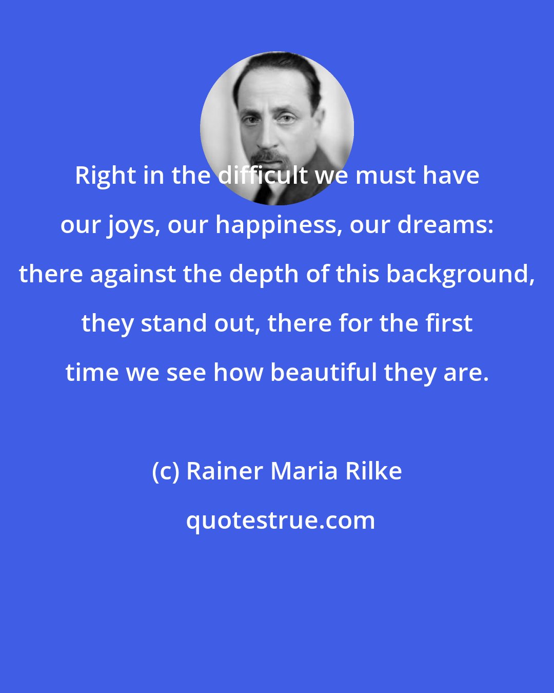 Rainer Maria Rilke: Right in the difficult we must have our joys, our happiness, our dreams: there against the depth of this background, they stand out, there for the first time we see how beautiful they are.