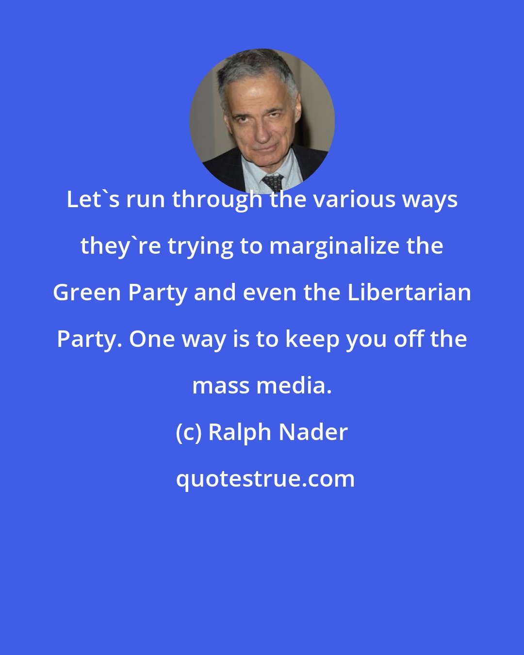 Ralph Nader: Let's run through the various ways they're trying to marginalize the Green Party and even the Libertarian Party. One way is to keep you off the mass media.