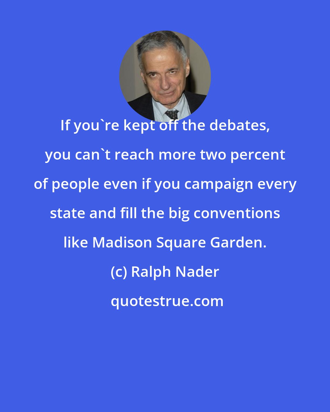 Ralph Nader: If you're kept off the debates, you can't reach more two percent of people even if you campaign every state and fill the big conventions like Madison Square Garden.