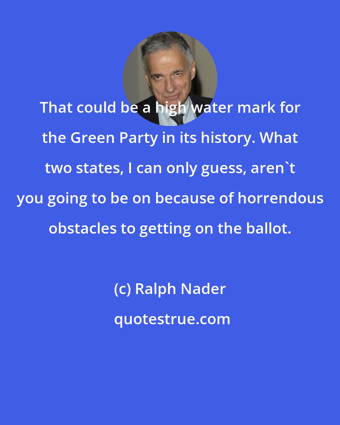 Ralph Nader: That could be a high water mark for the Green Party in its history. What two states, I can only guess, aren't you going to be on because of horrendous obstacles to getting on the ballot.