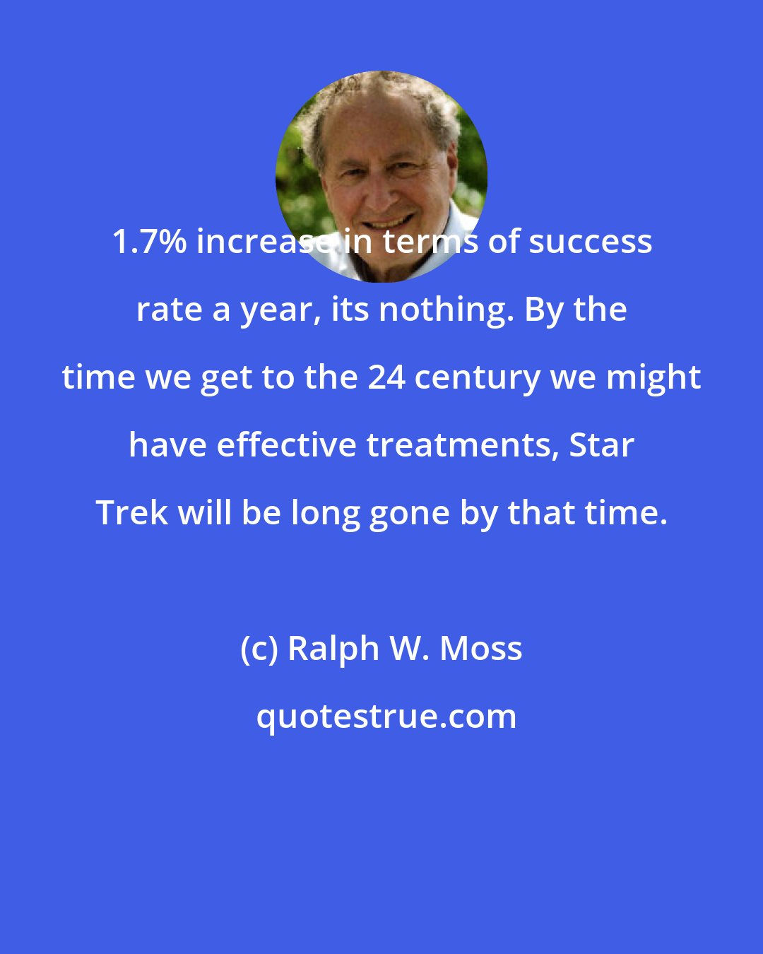 Ralph W. Moss: 1.7% increase in terms of success rate a year, its nothing. By the time we get to the 24 century we might have effective treatments, Star Trek will be long gone by that time.