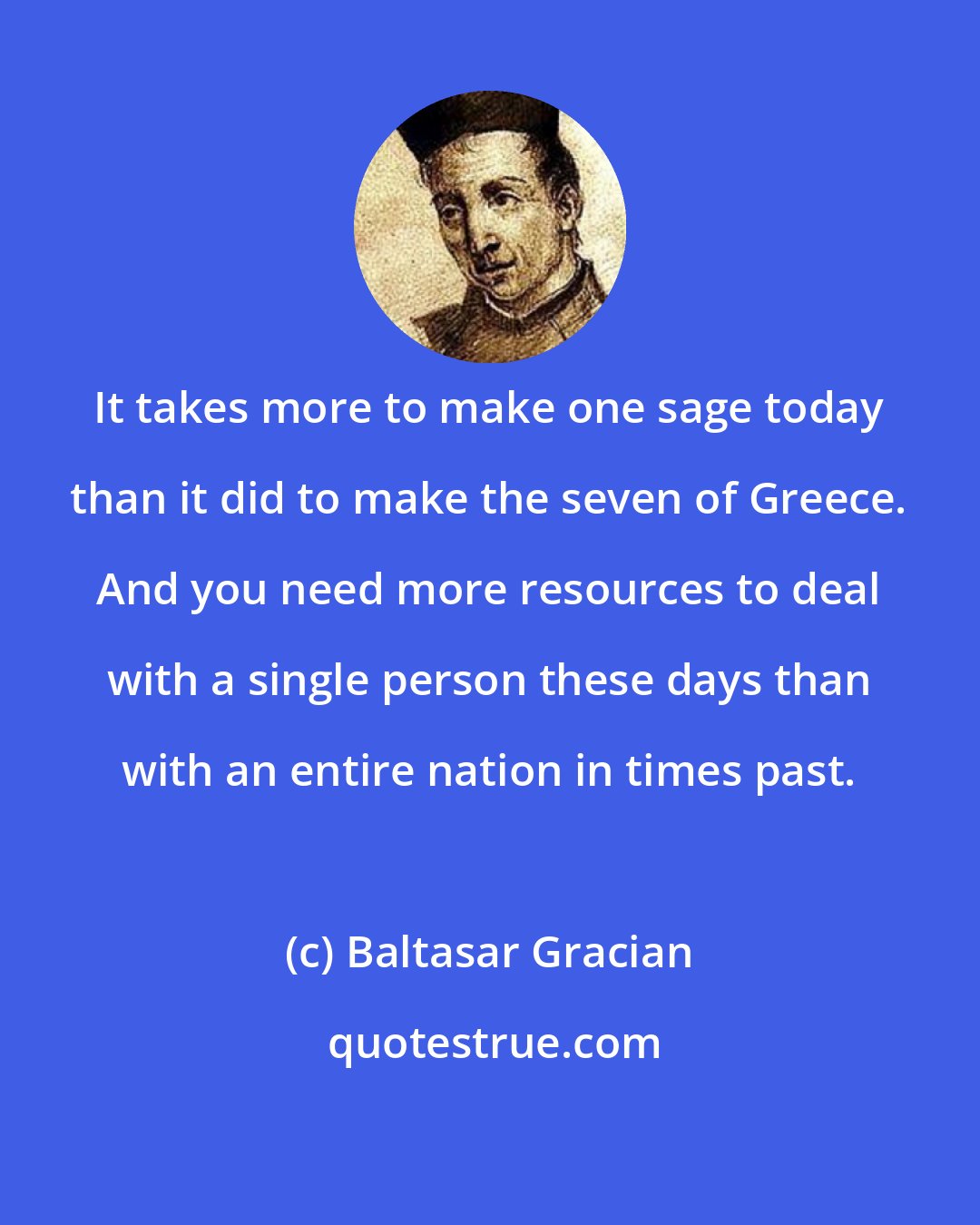 Baltasar Gracian: It takes more to make one sage today than it did to make the seven of Greece. And you need more resources to deal with a single person these days than with an entire nation in times past.